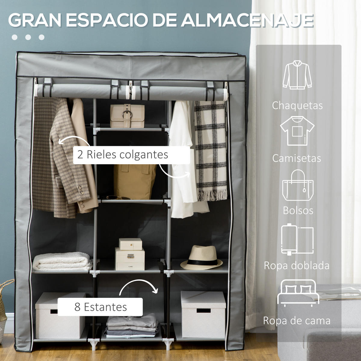 STOFFSCHRANK Grau 1 Stück - Grau, Holzwerkstoff (125/162.5/43cm) - GiPP