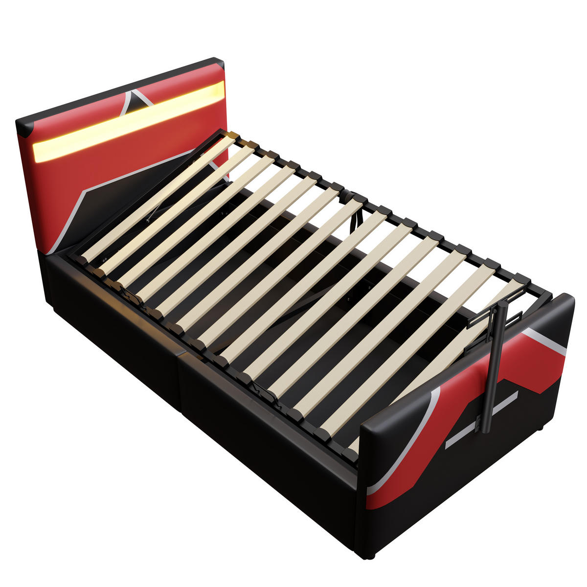 POLSTERBETT 90/200 cm Schwarz mit LED-Beleuchtung mit Stauraum und TV-Halterung PU-Leder - Schwarz, Kunststoff (90/200cm) - OKWISH