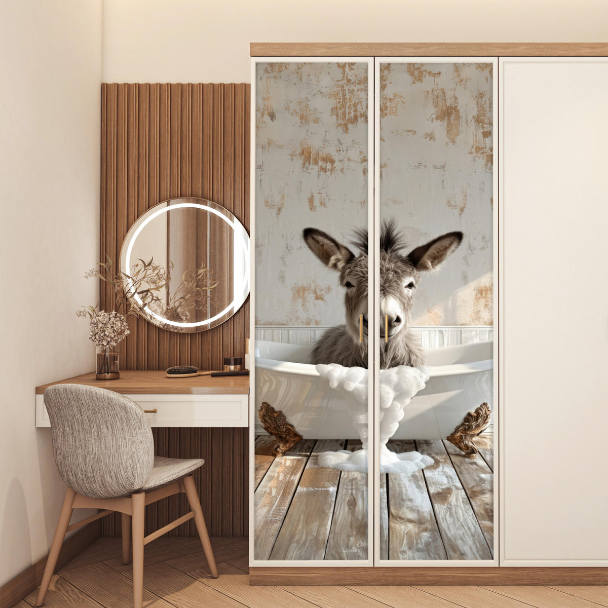 TÜRAUFKLEBER Selbstklebend - Esel - Tier - Vintage - Badewanne 95x215 cm - Türtapete - Eukalyptusholzfarben, Kunststoff (95/0.1cm) - MuchoWow