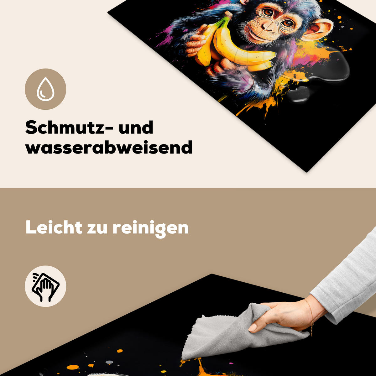 HERDABDECKPLATTE Affe - Graffiti - Farbenfroh - Bananen - Modern 83x51 cm - Gelb, Kunststoff (83/0.2/51.5cm) - MuchoWow