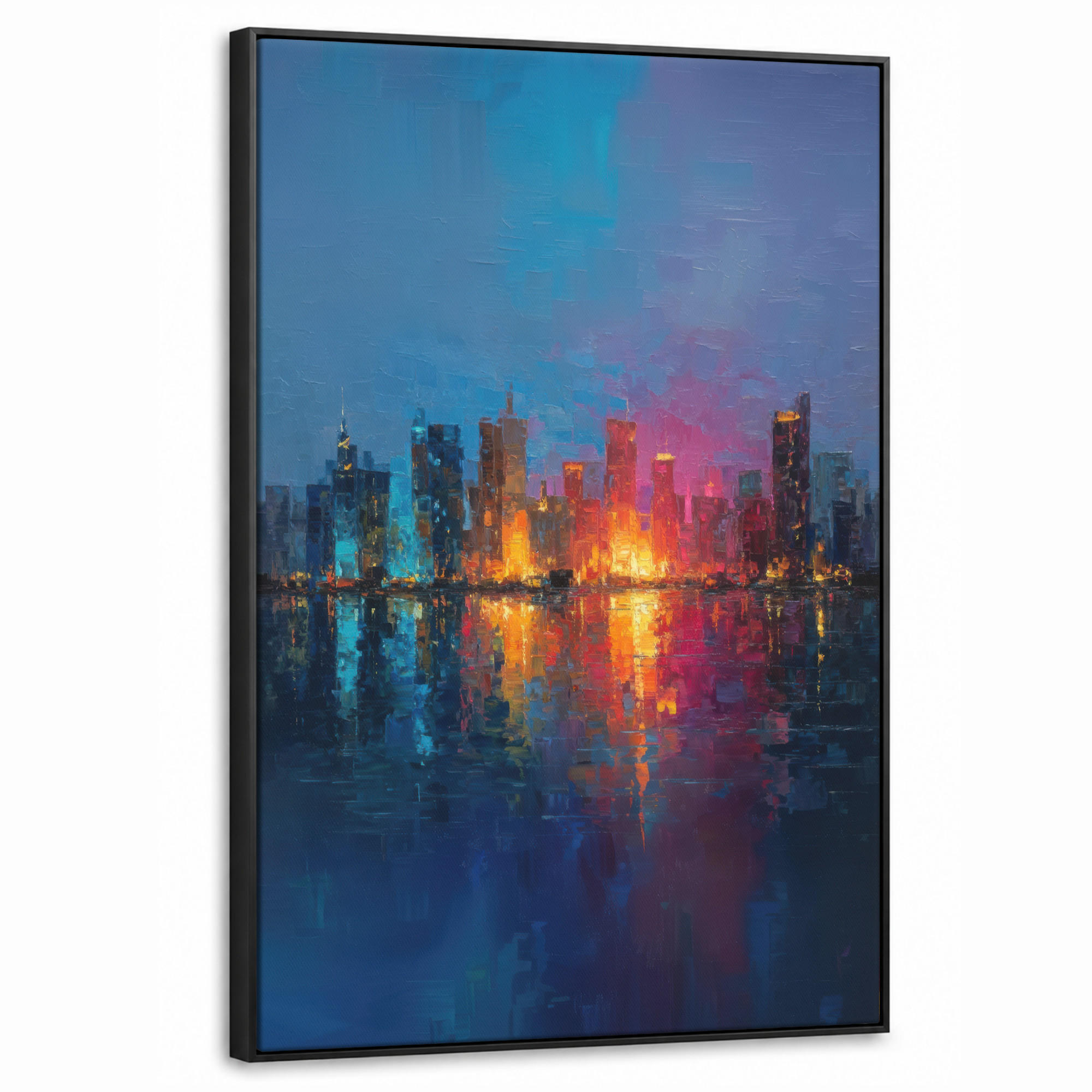 LEINWAND Bilder mit Rahmen - Skyline - Pinselstriche - Dunkelblau - Leuchtend - 60x90 - Blau, Textil (60/90cm) - MuchoWow