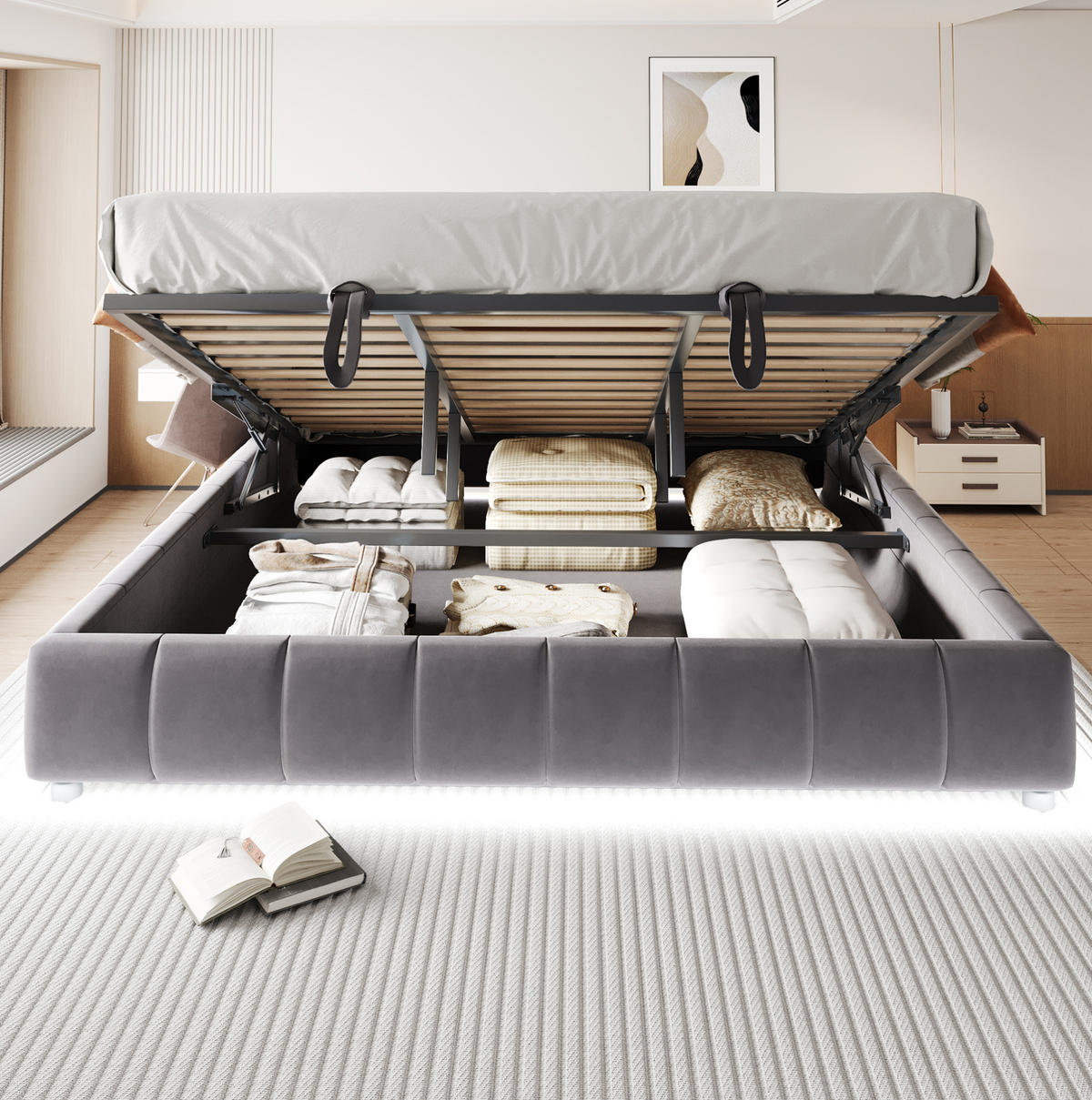 POLSTERBETT aus Samt 180x200 cm Grau ohne Kopfteil mit LED-Beleuchtung und hydraulischem Stauraum - Grau, Textil (180/200cm) - IVMEU