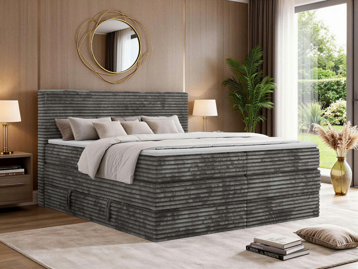 BOXSPRINGBETT TILION KING 160/200 - Grau Cord - Topper T25 - H4 - Schwarz/Grau, Kunststoff/Textil (160/200cm) - MKS