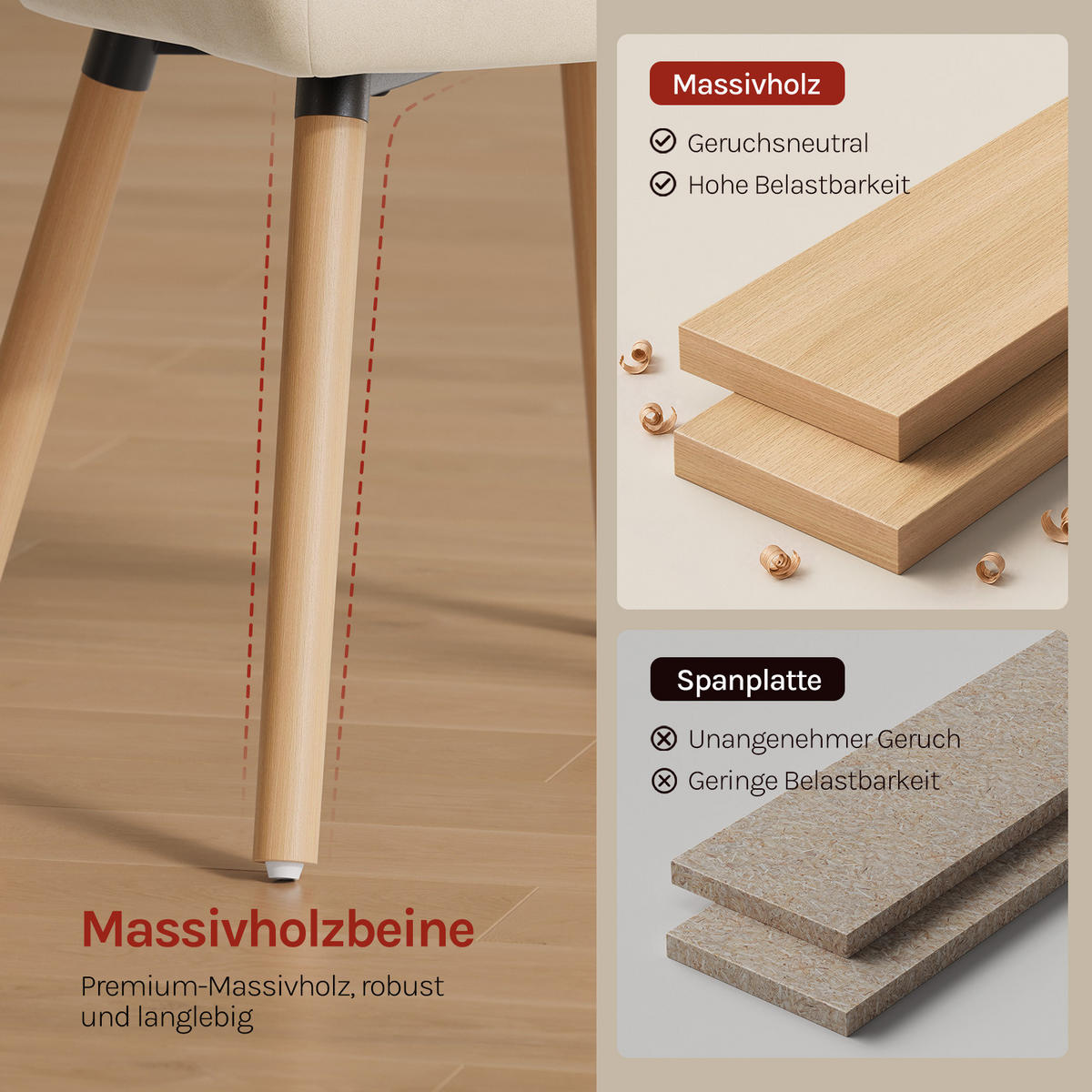 ESSZIMMERSTUHL 4er-Set, Samt, Massivholz, Creme - Creme/Naturfarben, Holz/Textil (52/81.5/51.5cm) - Woltu