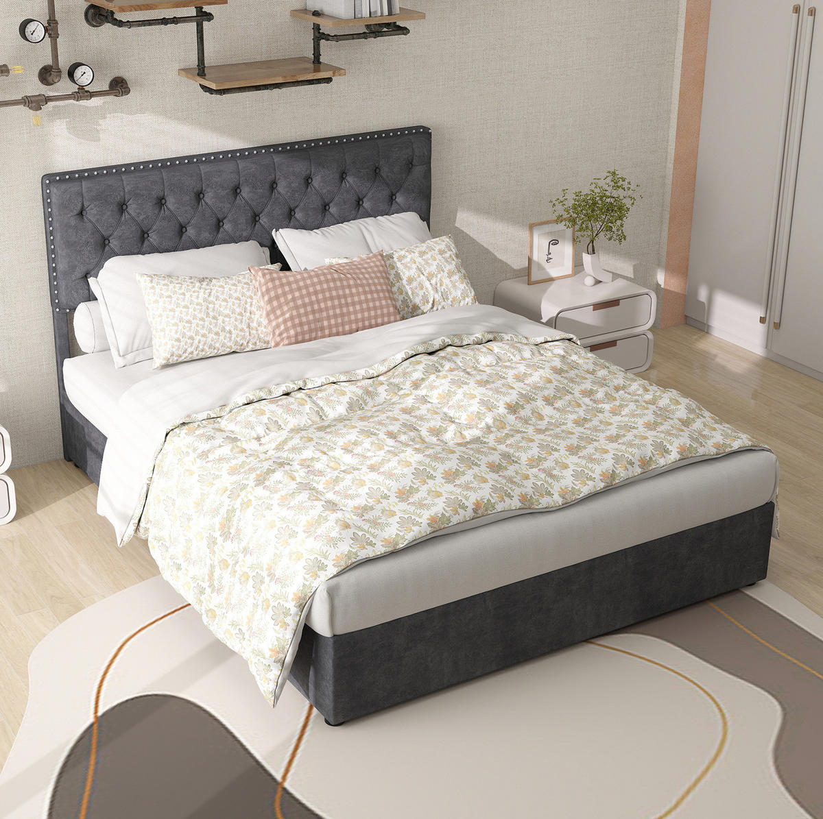 POLSTERBETT 140/200 cm mit hohem Kopfteil, Holzlattenrost und Stauraum unter dem Bett, Grau - Grau, Textil (140/200cm) - Redom