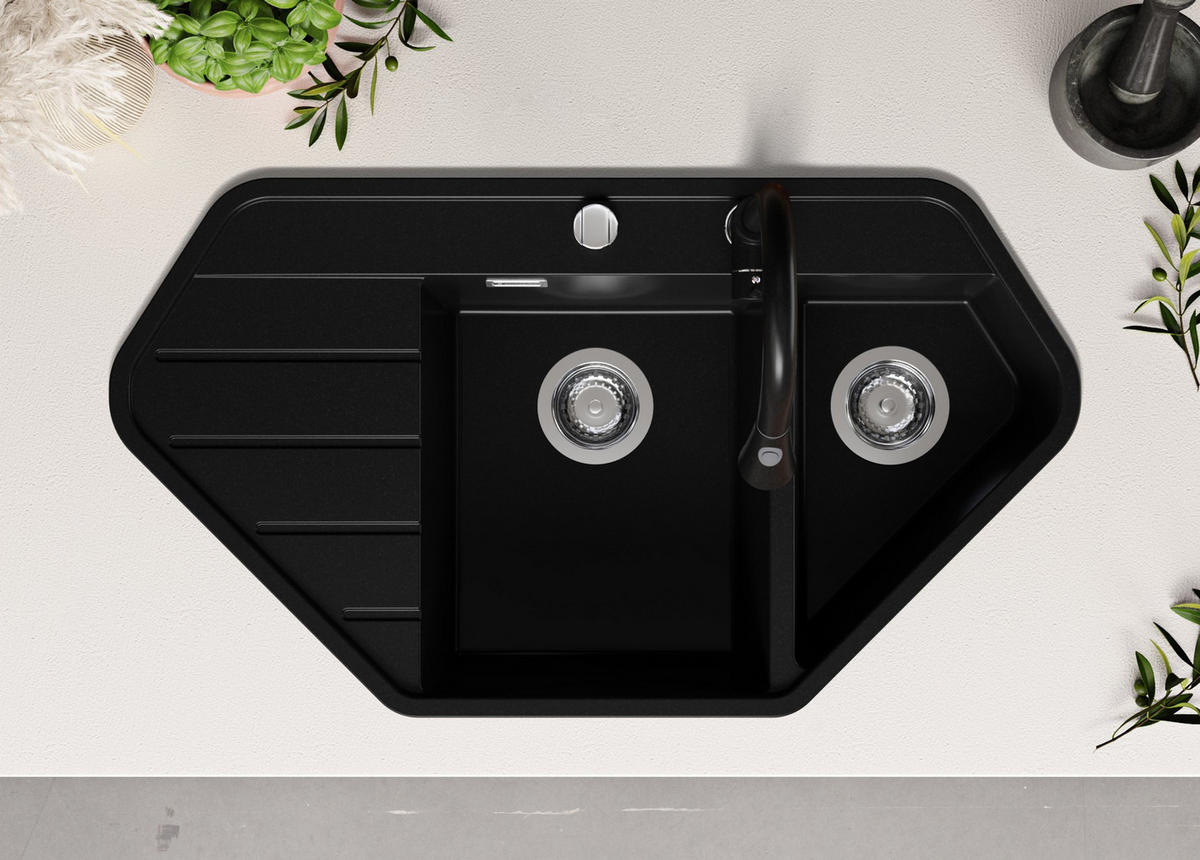 GRANITSPÜLE Kopenhagen Corner, 2-er set Schwarz 90/50 cm 1,5 Becken + Küchenarmatur 40/20 cm + Ablauf-Set ab 70er Unterschrank - Chromfarben/Schwarz, Kunststoff (90/18/50cm) - Primagran