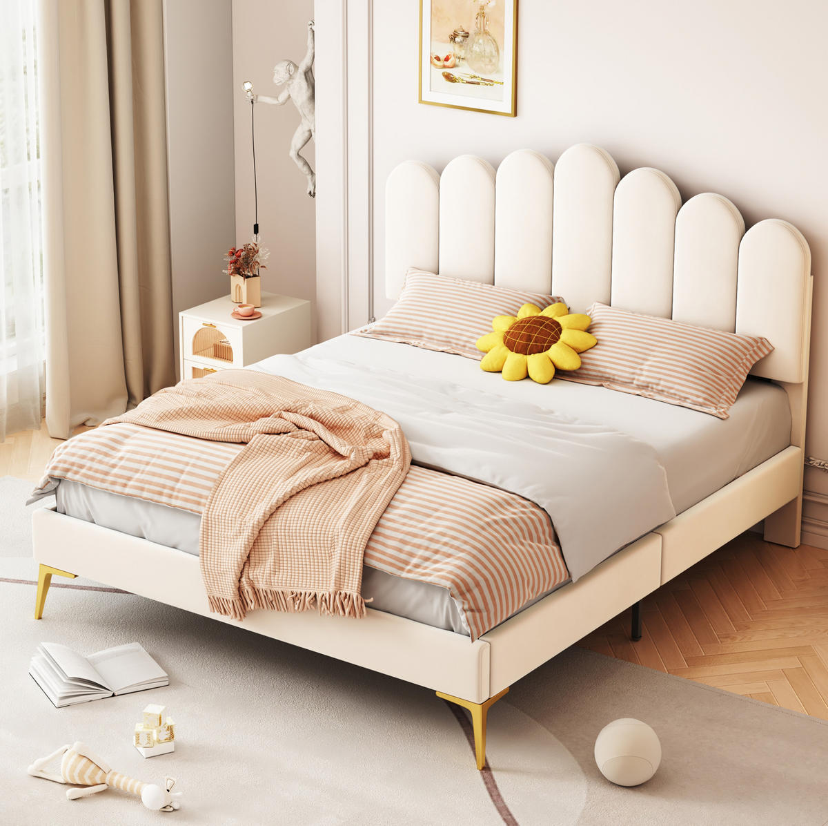 POLSTERBETT mit verstellbarem Kopfteil 140x200 cm Samt Beige - Beige, Metall (140/200cm) - Meubliv