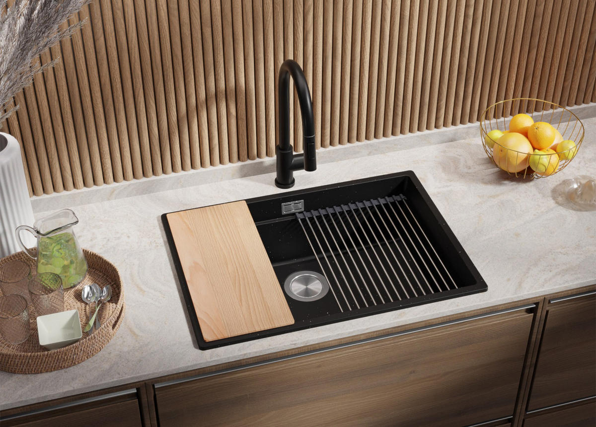 SPÜLBECKEN Praga Slim, 2-er set Schwarz Metallic 66/47 cm 1 Becken + Ablauf-Set + Aufrollbare Abtropffläche ab 70er Unterschrank - Chromfarben/Schwarz Hochglanz, Kunststoff (66/20/47cm) - Primagran