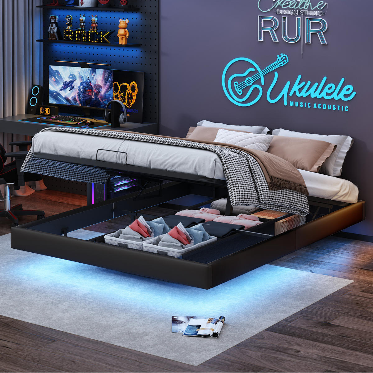POLSTERBETT 160x200 cm, Schwarz, LED-Beleuchtung - Schwarz, Textil/Metall (160/200cm)