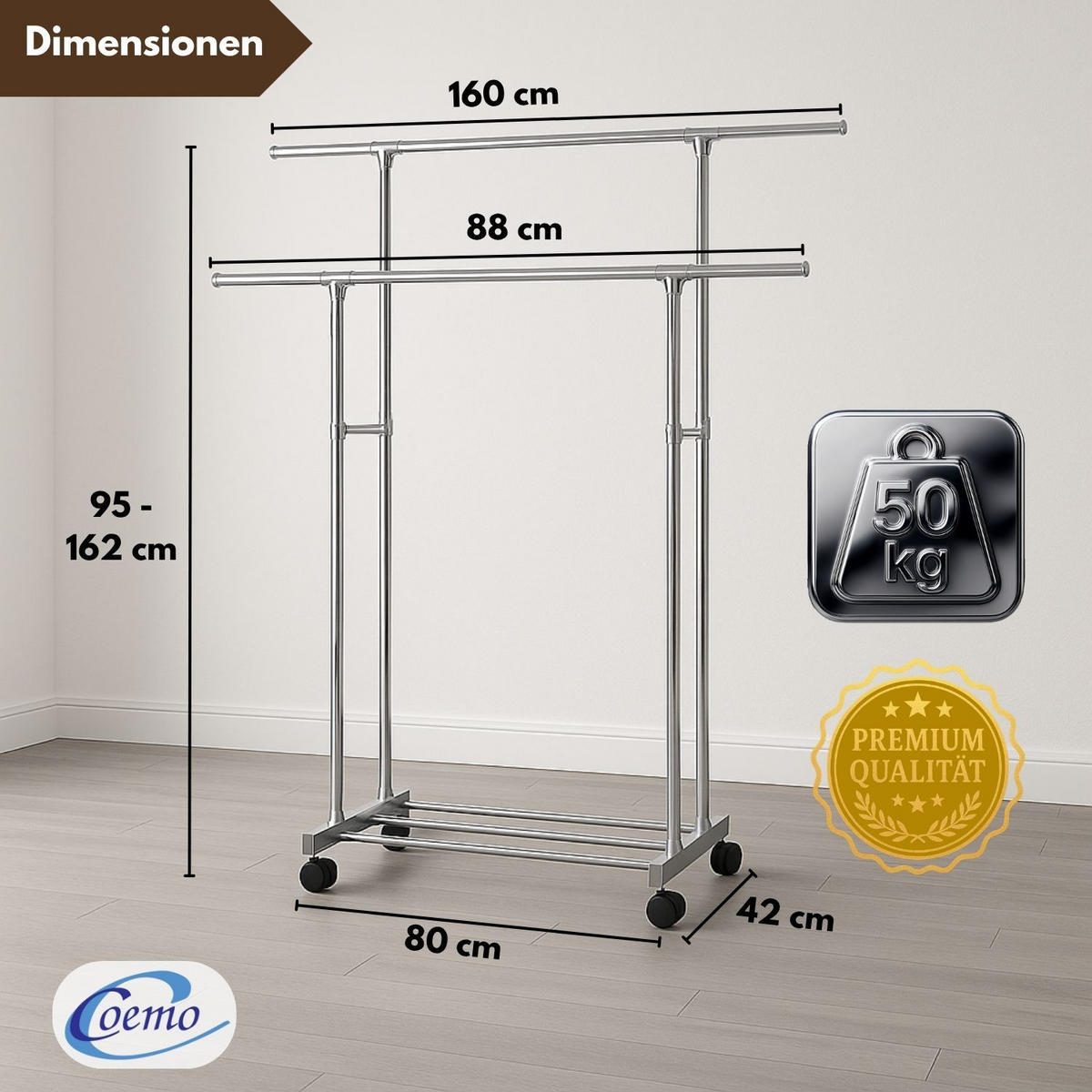 KLEIDERSTÄNDER rollbar, 2 Kleiderstangen 160/42/162 cm - Silberfarben, Metall (42/160/160cm) - Coemo