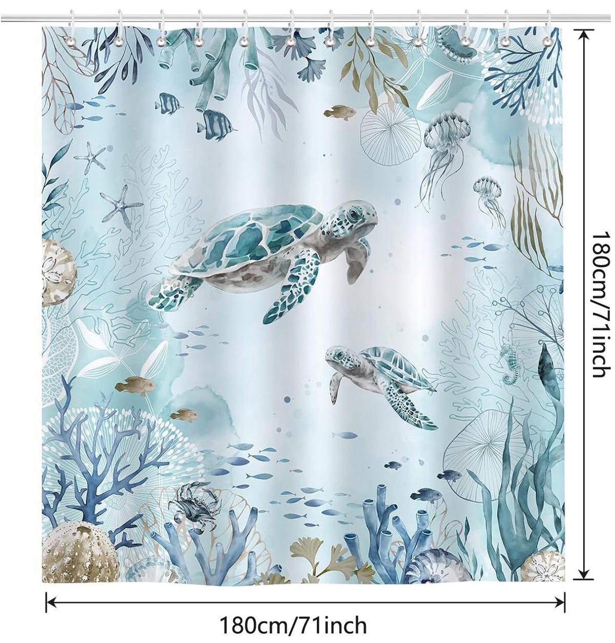 DUSCHVORHANG Blau Ozean Strand Schildkröte Meer Polyester schimmelresistent waschbar mit Haken Badezimmer - Blau, Textil (180/180cm) - MCBOSON