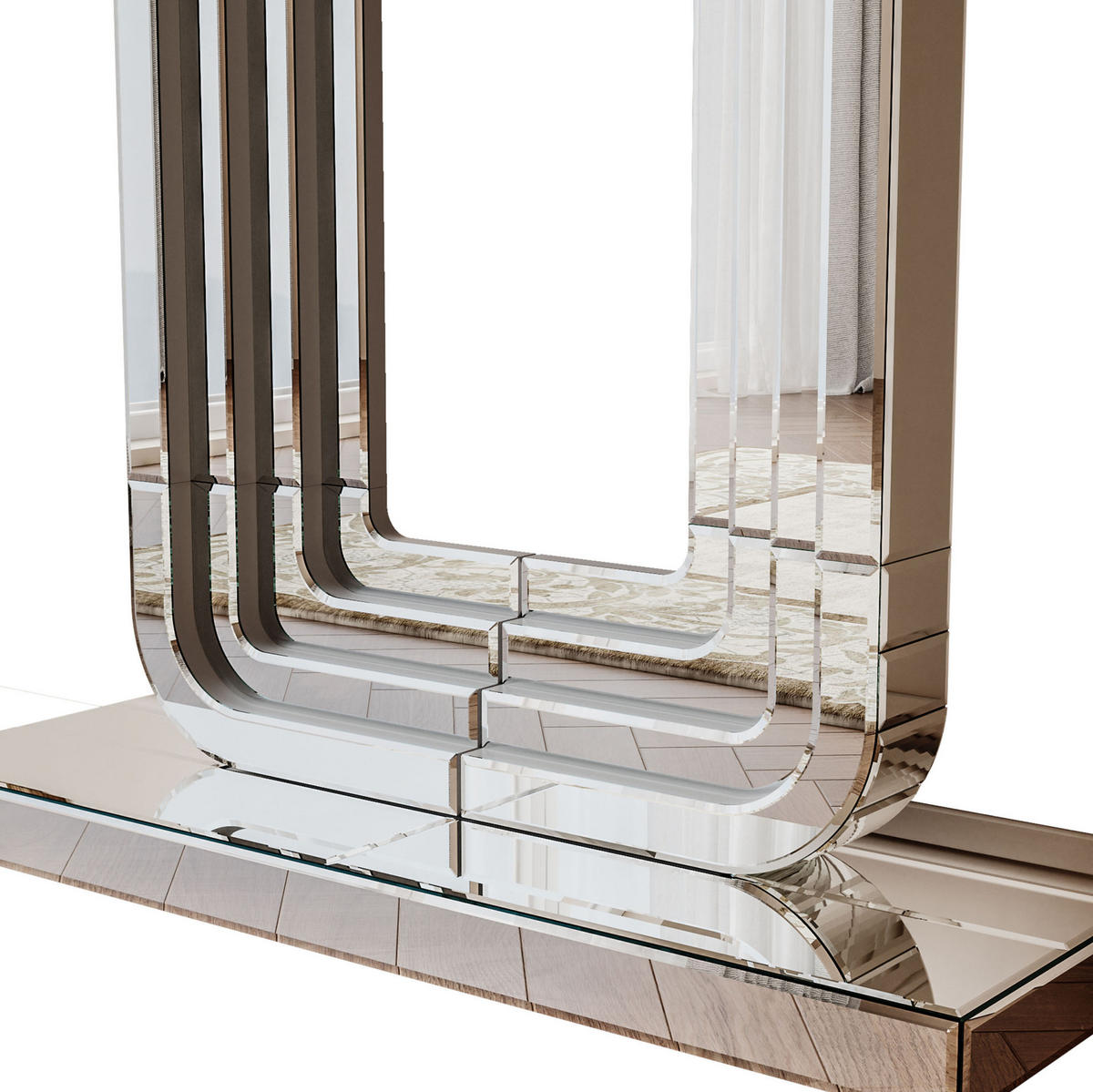 KONZOLOVÝ stolek ze skla a MDF 120x30x76 cm stříbrný se zrcadlovým povrchem a stabilní podnoží ve tvaru U - stříbrná, kompozitní dřevo (30/120/76cm) - Modfu