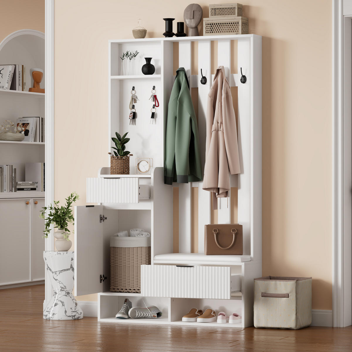 SCHUHSCHRANK aus Spanplatte 100x30x180cm in Weiß mit 8 Haken & Sitzkissen - Weiß, Holzwerkstoff (100/180/30cm) - Modfu