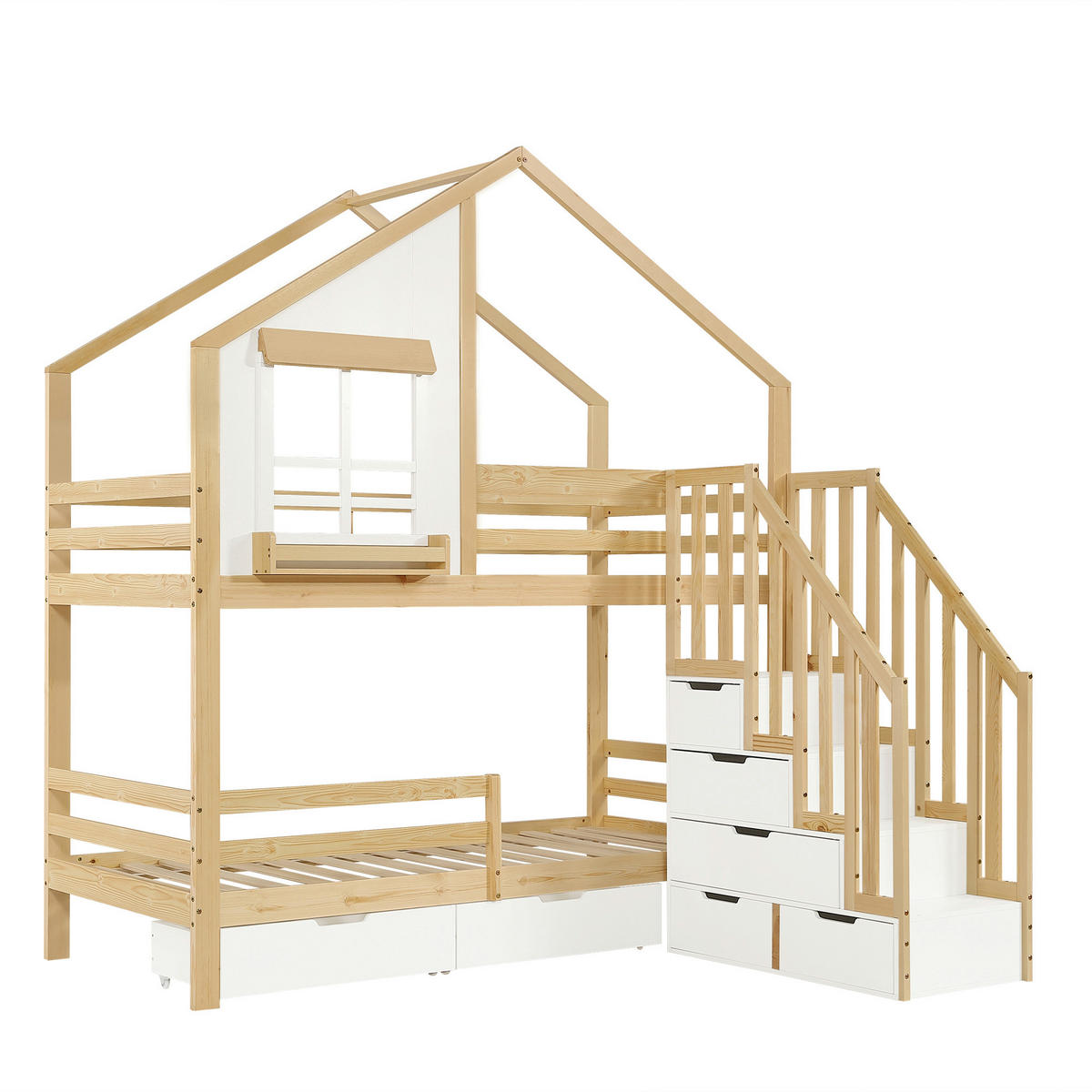 ETAGENBETT mit Stauraumtreppe 90x200 cm Weiß Natur - Weiß, Holz (90/200cm) - Meubliv