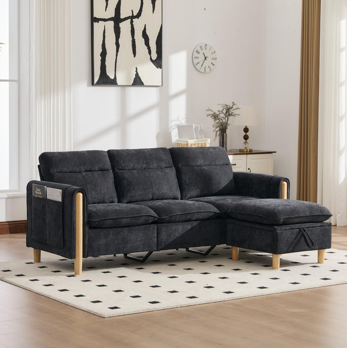SOFA mit Stauraum-Hocker L-Form 201 cm Chenille Schwarz - Schwarz, Holz (77/201cm) - Meubliv