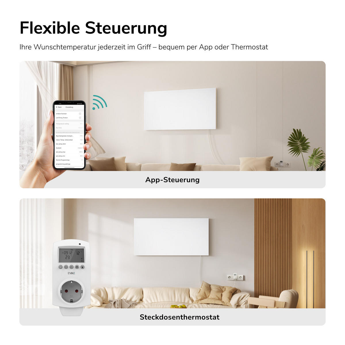 WANDKONVEKTOR Elektrisch mit App Steuerung, Thermostat, 119,5/59,5/1,8 cm - Weiß, Kunststoff/Metall (119.5/59.5/1.8cm) - EMKE
