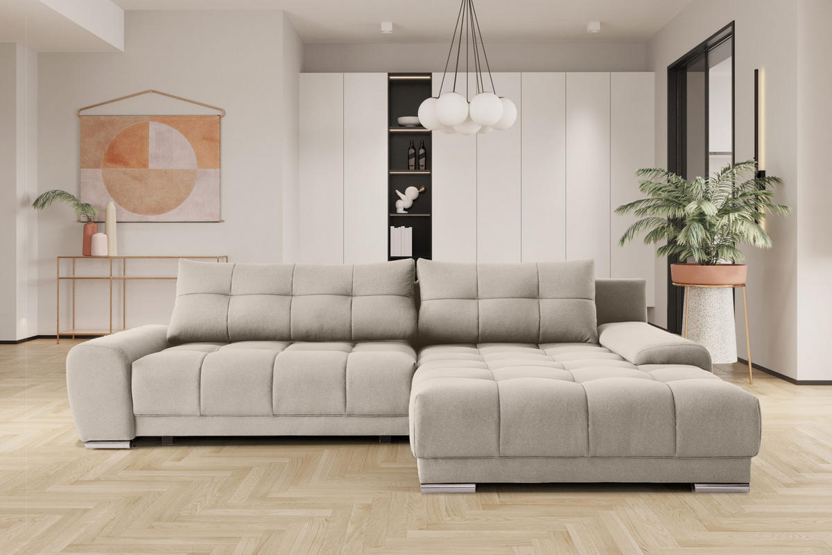 ECKSOFA WAVE Mit Schlaffunktion, Stoff SORO, Hellbeige Rechts - Creme, Holz (281/105cm) - Kaiser Möbel