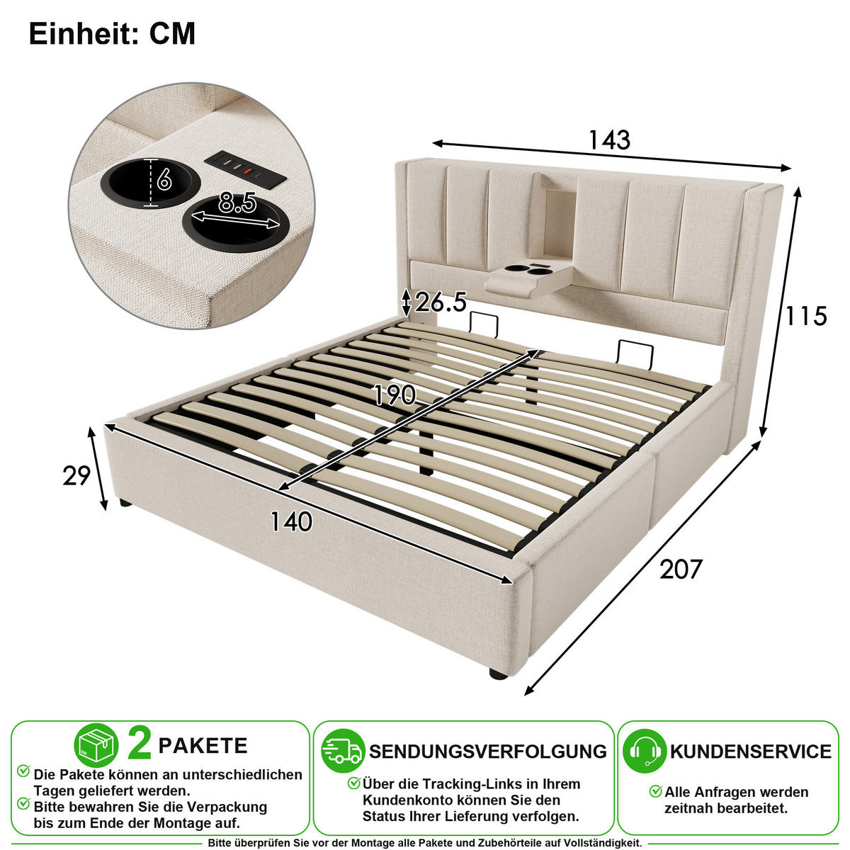 POLSTERBETT 140/190 cm in Beige Leinen mit Bettkasten, Ladestation und Becherhalter - Beige, Holzwerkstoff/Textil (140/190cm) - CHICFURN