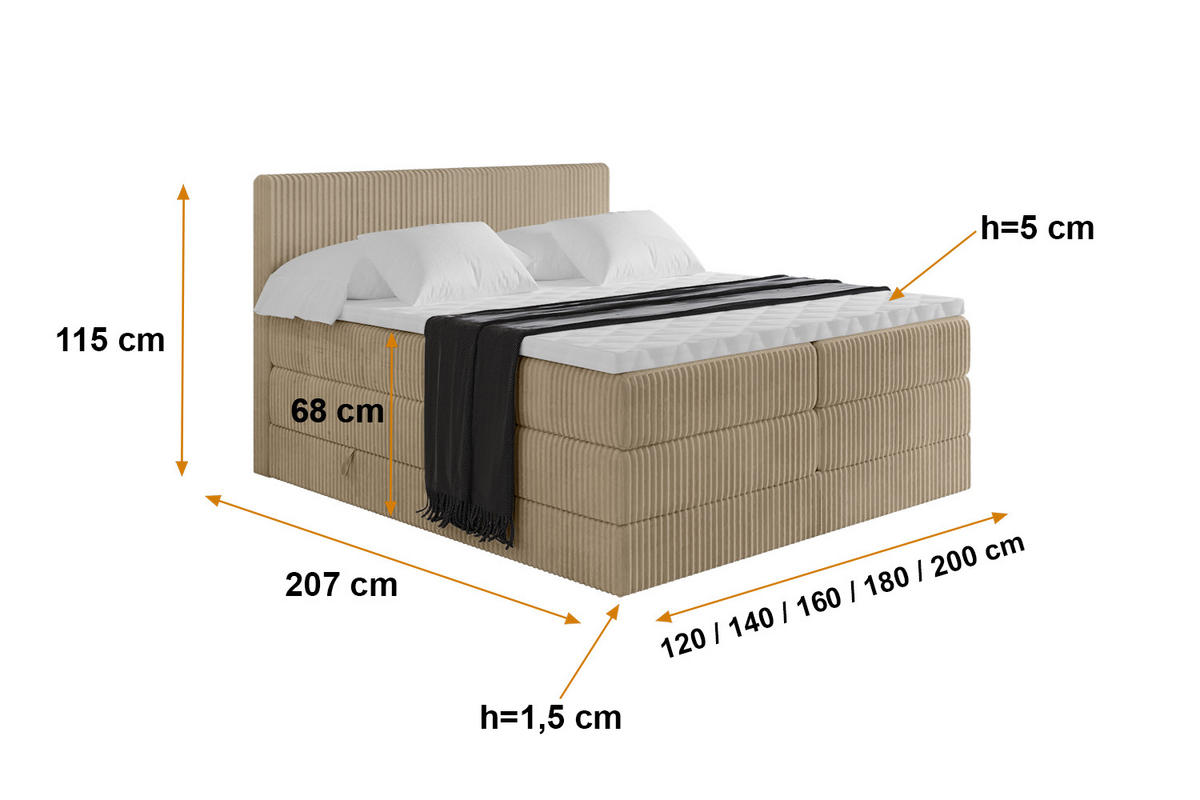 BOXSPRINGBETT mit Matratze H3|H4 und Lattenrost - TOLO KING 140x200 Cord - Beige - Beige, Holzwerkstoff (140/200cm) - ALTDECOR