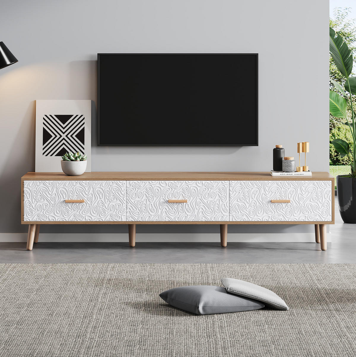 TV-LOWBOARD aus Spanplatte 150x39x35 cm Weiß/Holzfarben mit 3 Schubladen und Retro-Strukturfront - Weiß, Holzwerkstoff (150/39/35cm) - Modfu