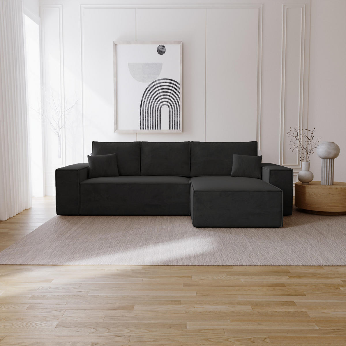 ECKSOFA mit Schlaffunktion Bergamo L 280 cm, Samt, Rechts - Schwarz - Schwarz, Holz (189/277cm) - Emporius