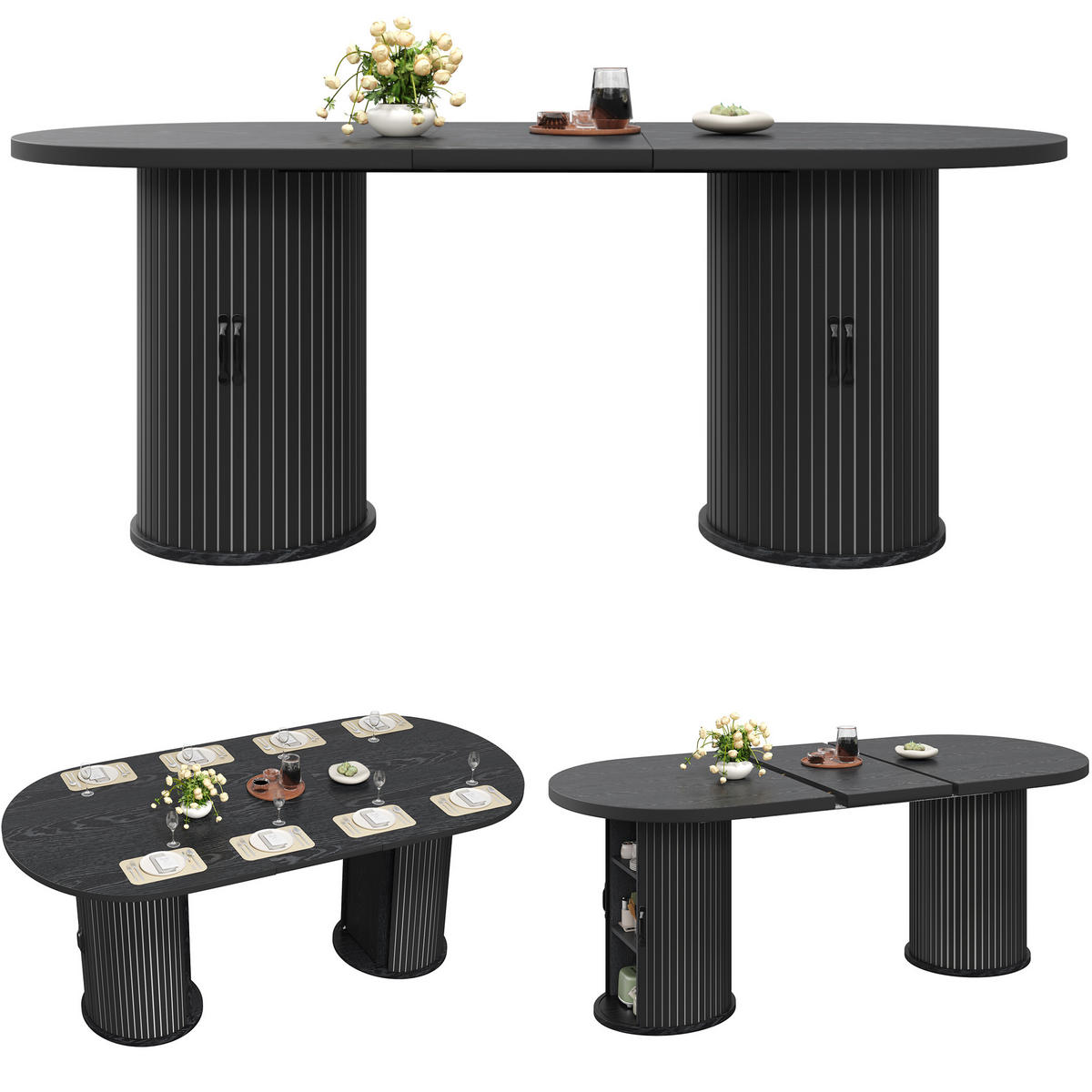 ESSTISCH Schwarz 150–190×80×75 cm mit Auszugmechanismus, verdecktem Staufach und Metallrahmen aus Holzwerkstoff - Schwarz, Holzwerkstoff (80/150/75cm) - Luhomfu