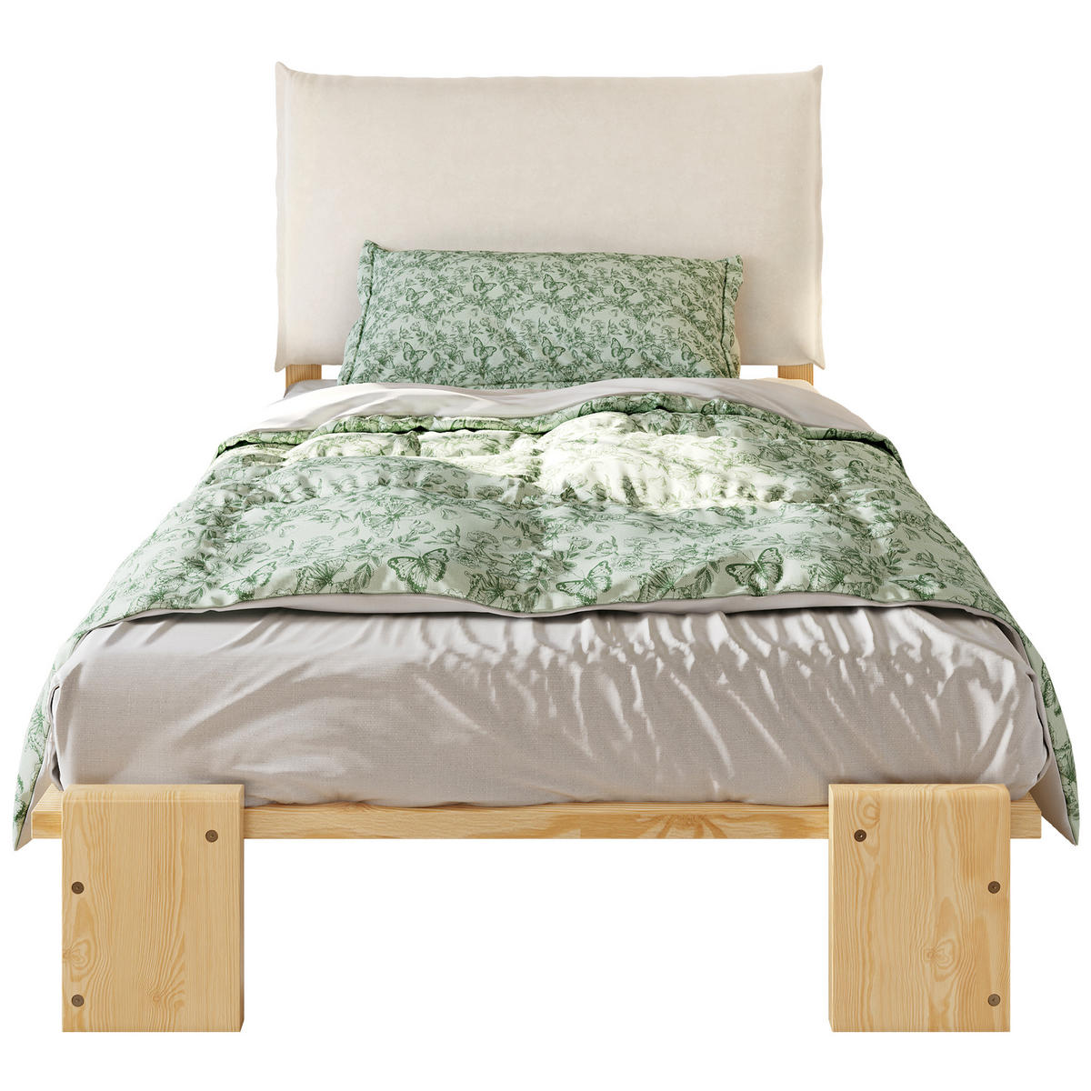 POLSTERBETT 90/200 cm natur aus Holz mit gepolsterter Rückenlehne - Naturfarben, Textil (90/200cm) - OKWISH