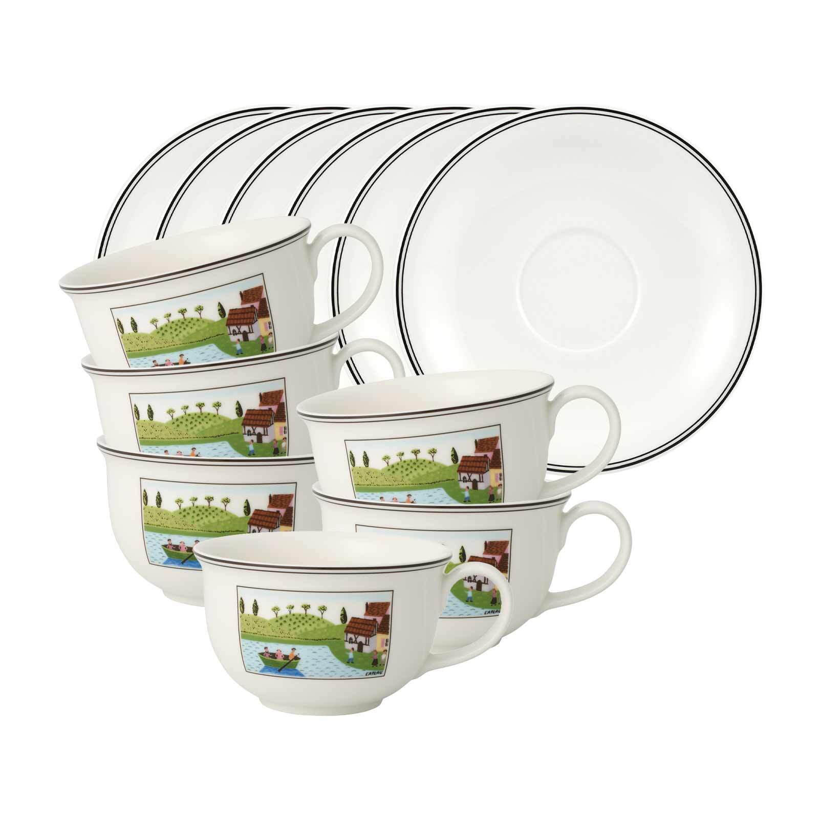 CAFÉ AU LAIT OBERTASSEN MIT UNTERTASSEN Charm & Breakfast Design Naif weiß-bunt 500 ml 6er Set - Multicolor/Weiß, Keramik (19.5/10.5/19.5cm) - Villeroy & Boch