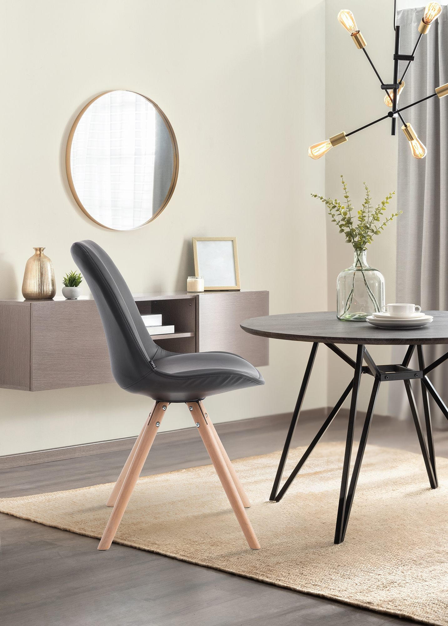 STUHL Lederlook schwarz - Eukalyptusholzfarben/Schwarz, Holz/Textil (48/84/56cm) - CLP