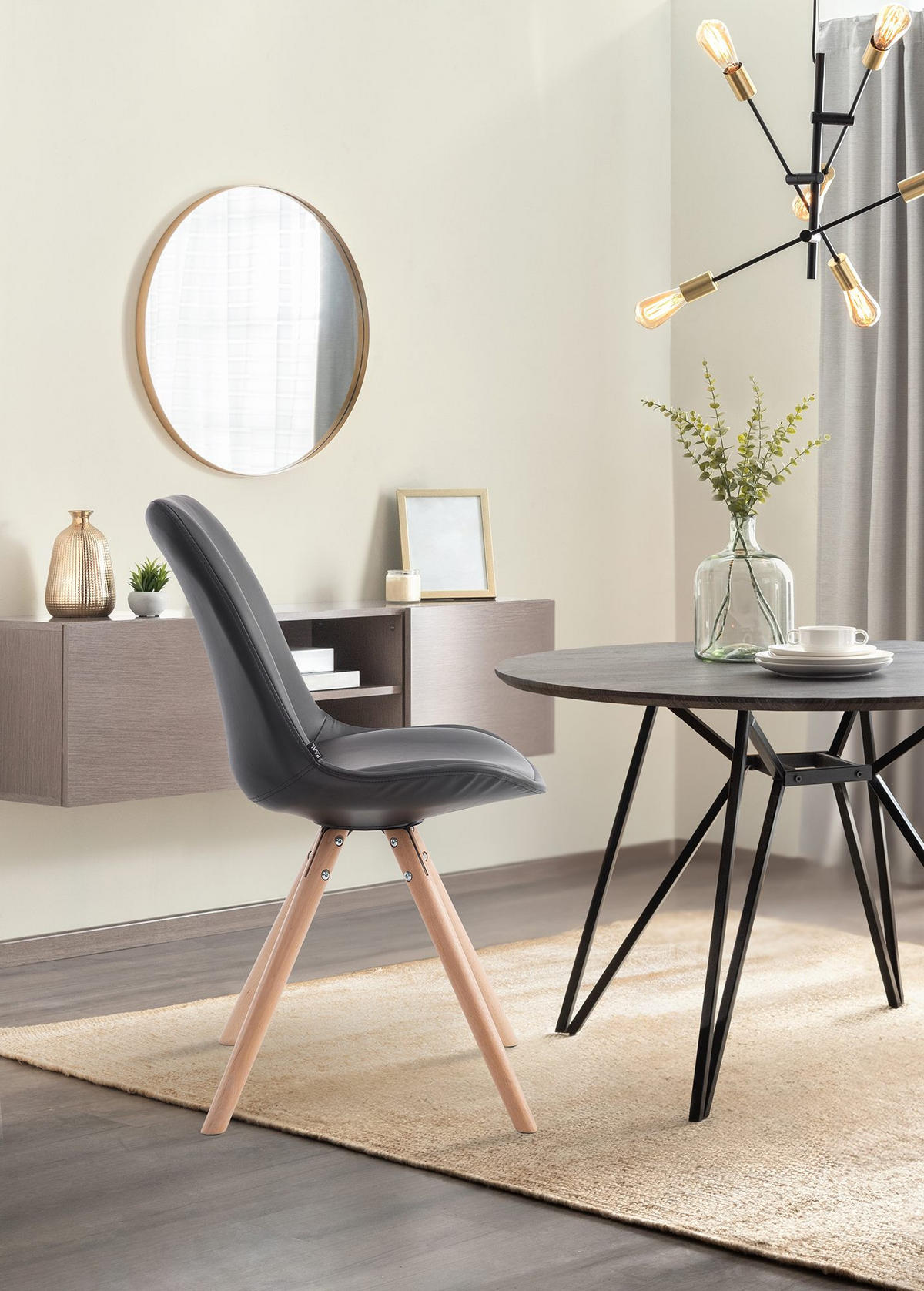 STUHL Lederlook schwarz - Eukalyptusholzfarben/Schwarz, Holz/Textil (48/84/56cm) - CLP