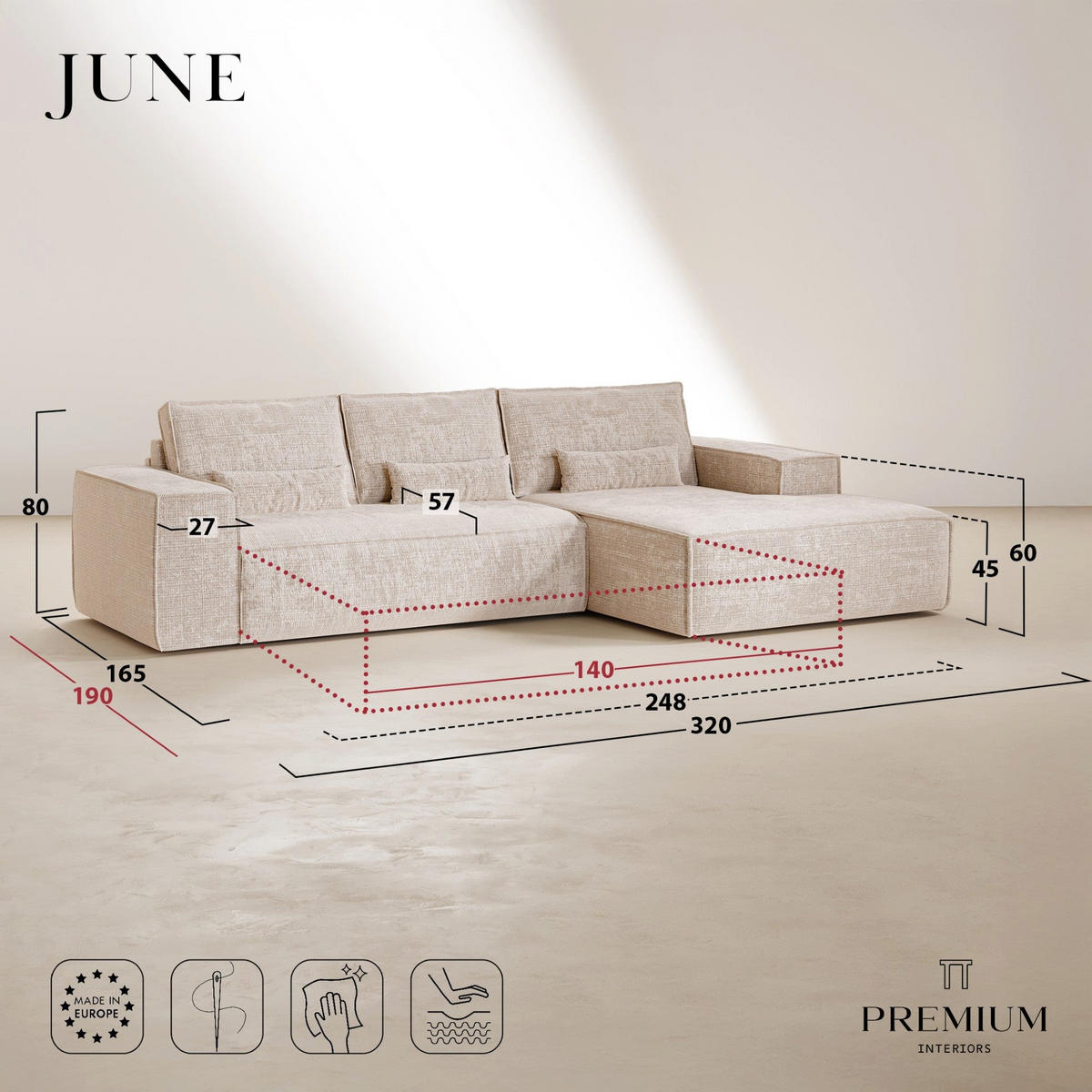 ECKSOFA rechtwinklig JUNE Geprägter Samt Smaragdgrün 320cm - Smaragdgrün/Grün, Textil (320/165cm) - Premium Interiors