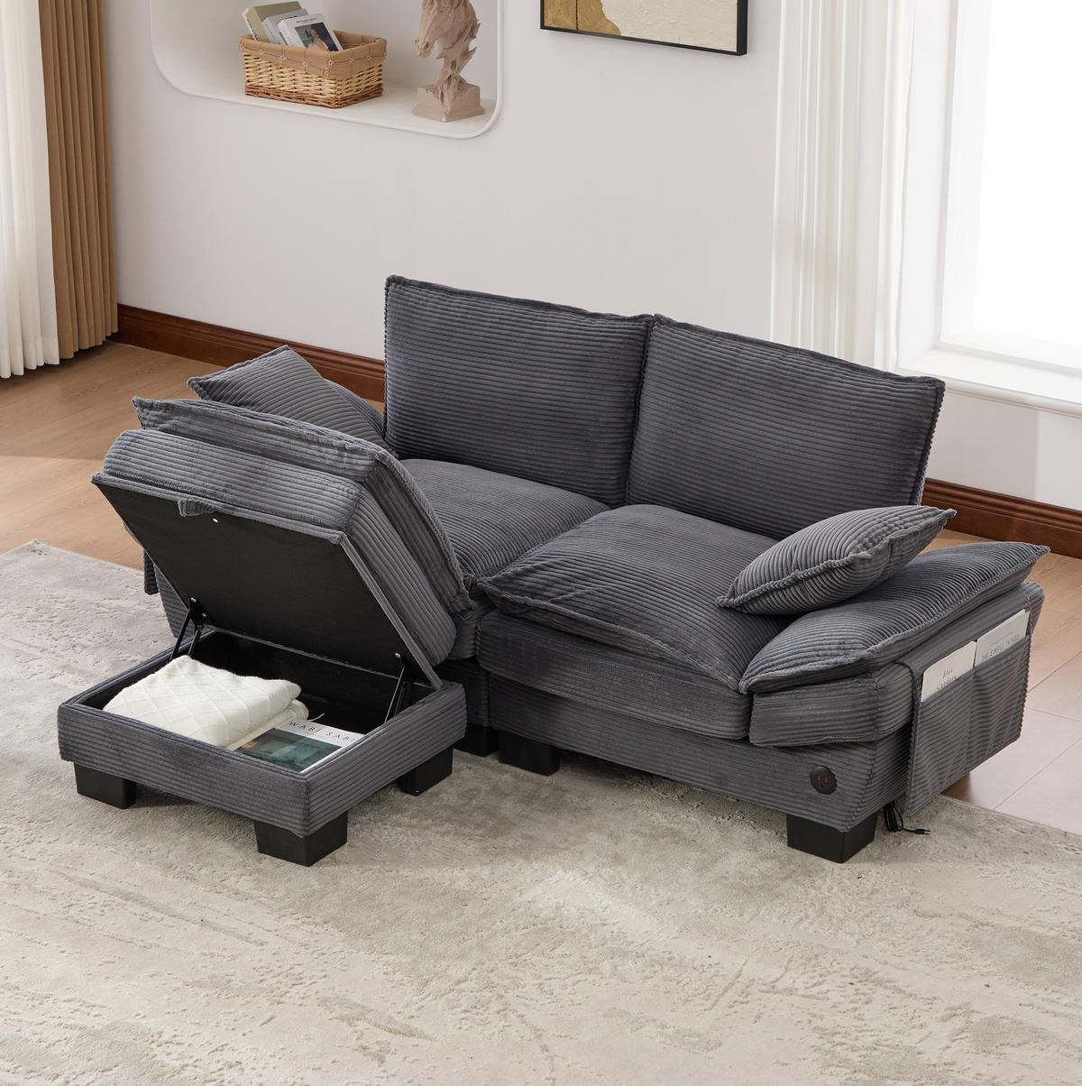 ECKSOFA aus Cord 190x132x84 cm in Dunkelgrau mit Hocker & USB-C - Dunkelgrau, Textil (132/190cm) - Modfu