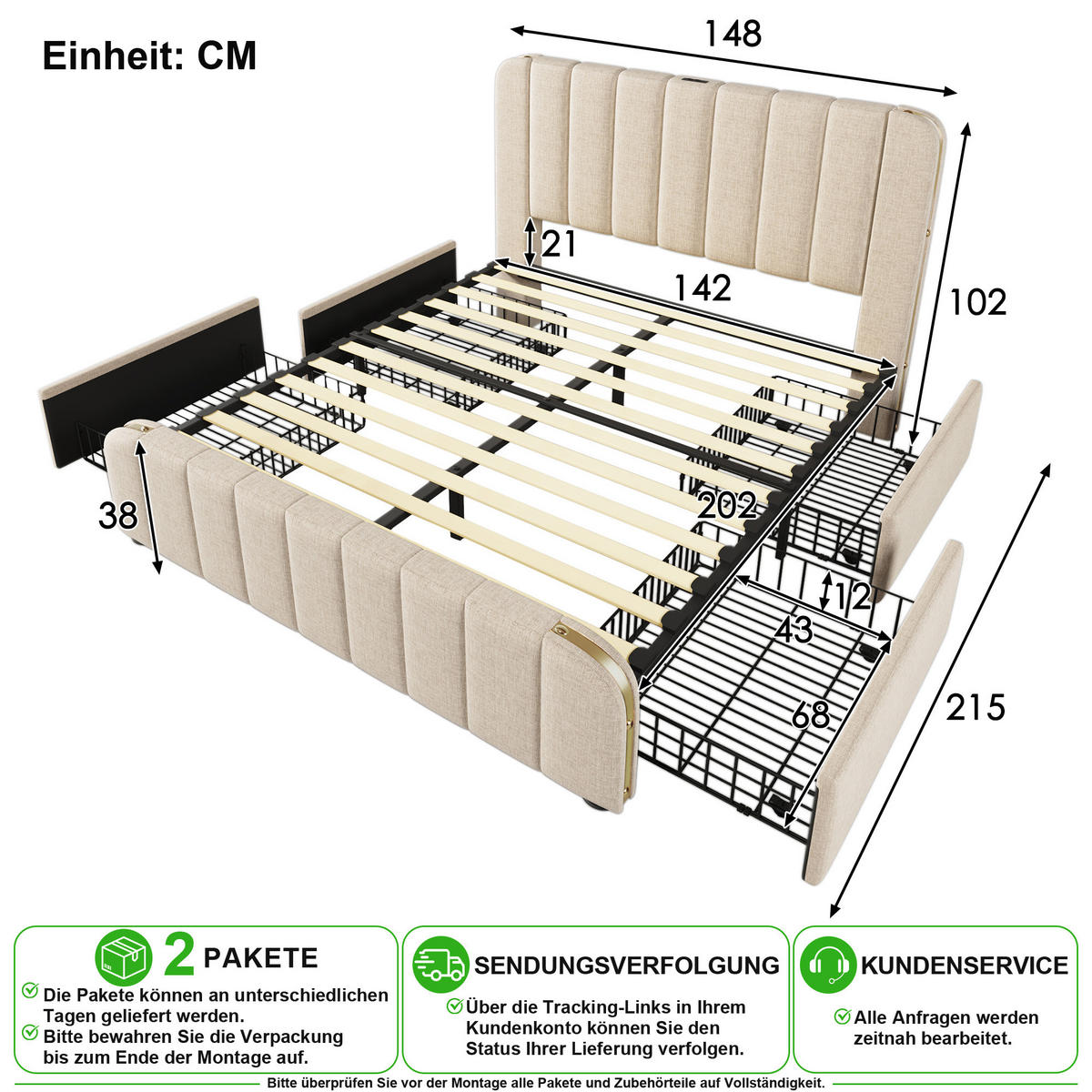 POLSTERBETT 140/200 cm in Beige Leinen mit 4 Schubladen, USB und Type-C - Beige, Holzwerkstoff/Textil (140/200cm) - CHICFURN