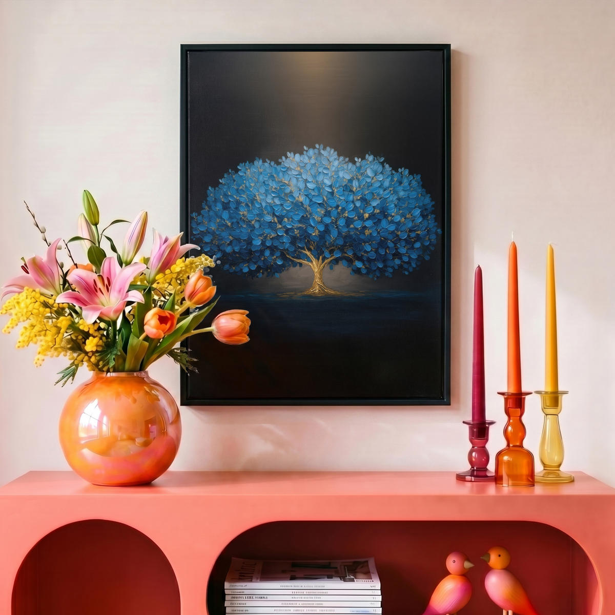 LEINWAND Bilder mit Rahmen - Baum - Blau - Blätter - Pinselstriche - 30x40 - Blau, Textil (30/40cm) - MuchoWow