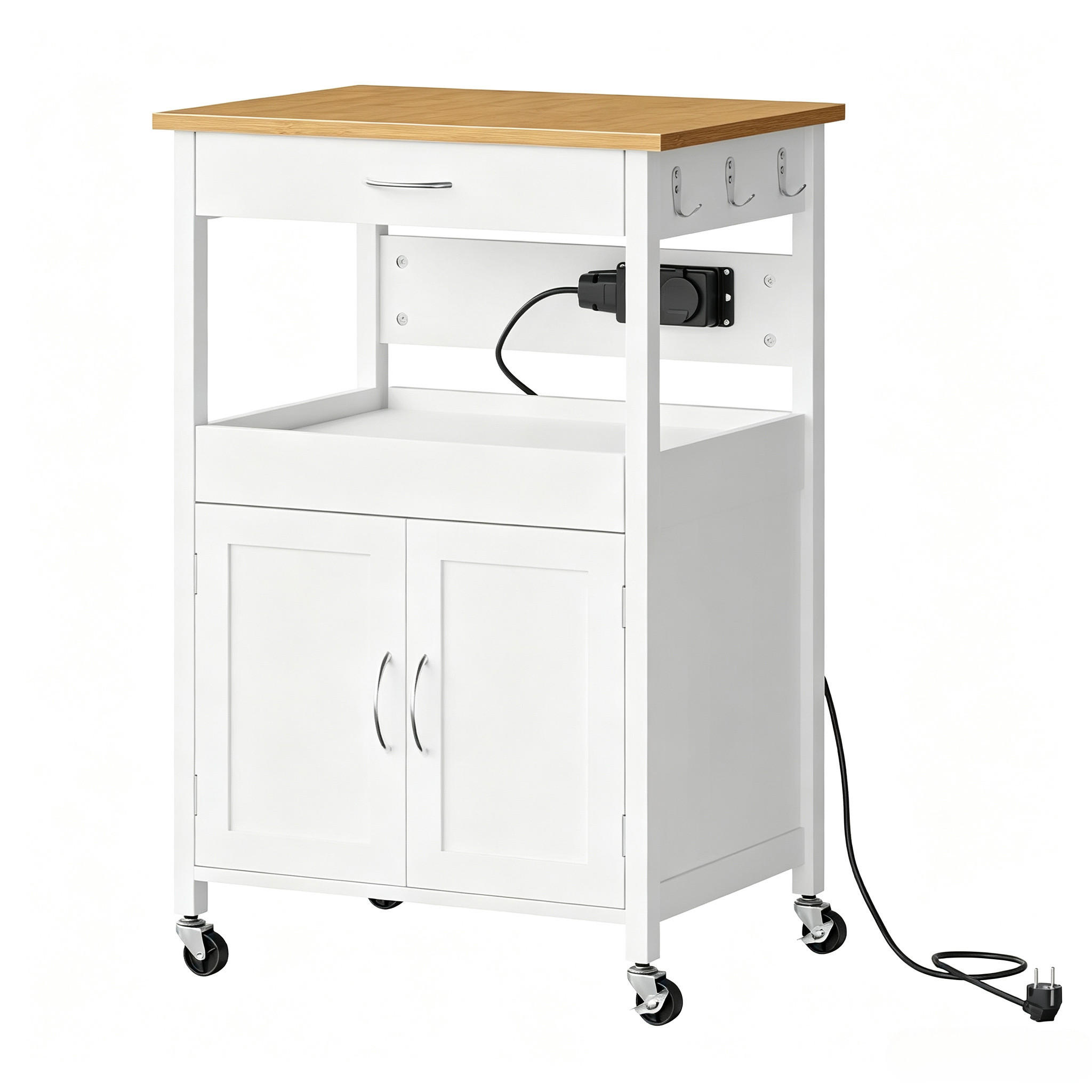 SERVIERWAGEN DE-41502 60/45/92 cm, Steckdosen und Schublade Bambus/Weiß - Weiß, Holzwerkstoff (60/92/45cm) - ComfortXL