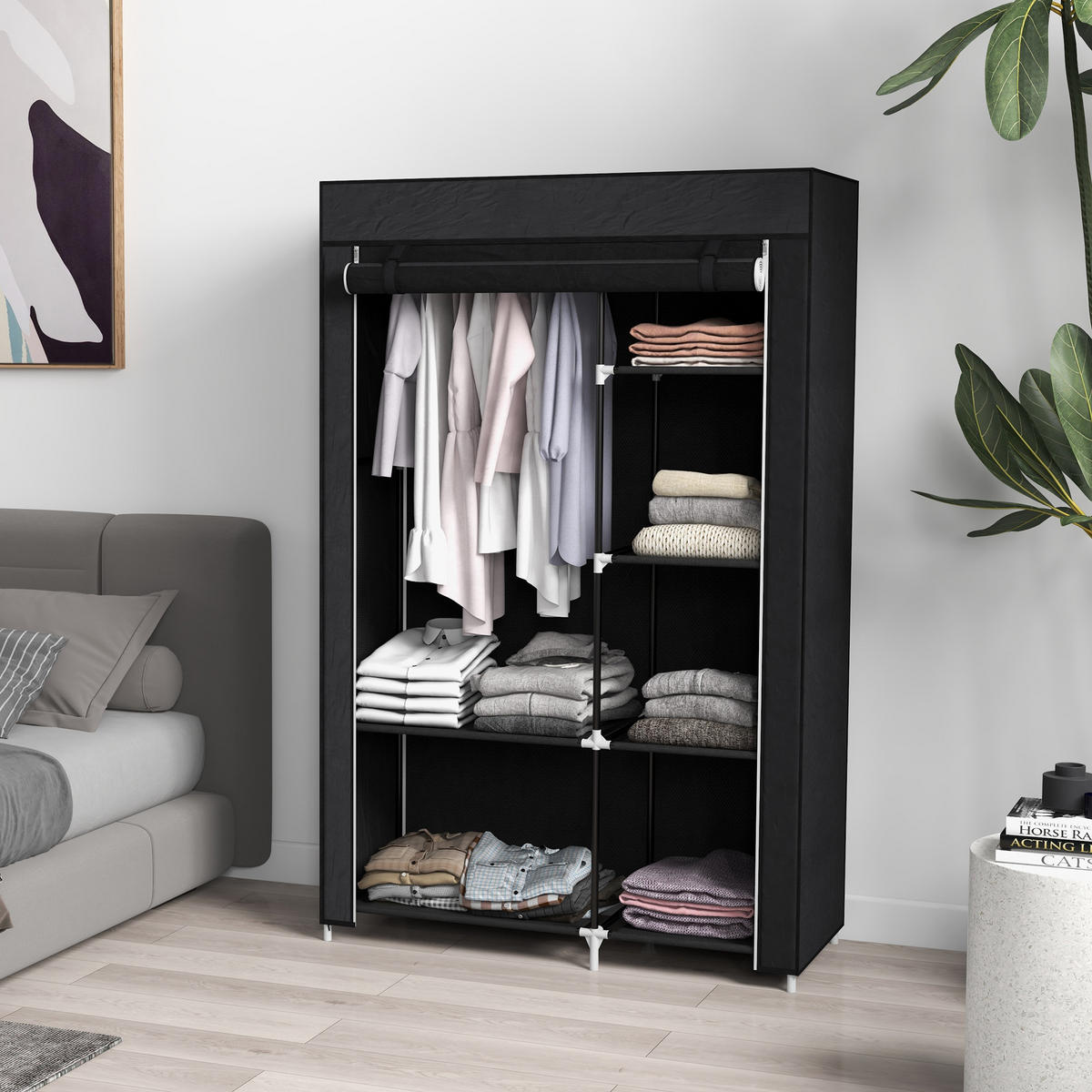 KLEIDERSCHRANK Stoffschrank Faltschrank mit 2 Kleiderstangen, 6 Fächern, Schwarz - Schwarz, Metall (43/162.5/103cm) - HOMCOM