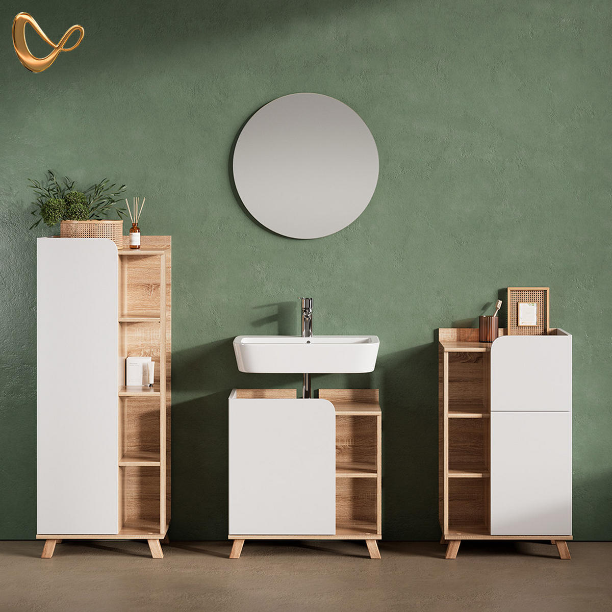 BADMÖBEL-SET Marano Sonoma/Weiß 4 Teile - Weiß/Sonoma Eiche, Holzwerkstoff (60/65/35cm) - Livinity®