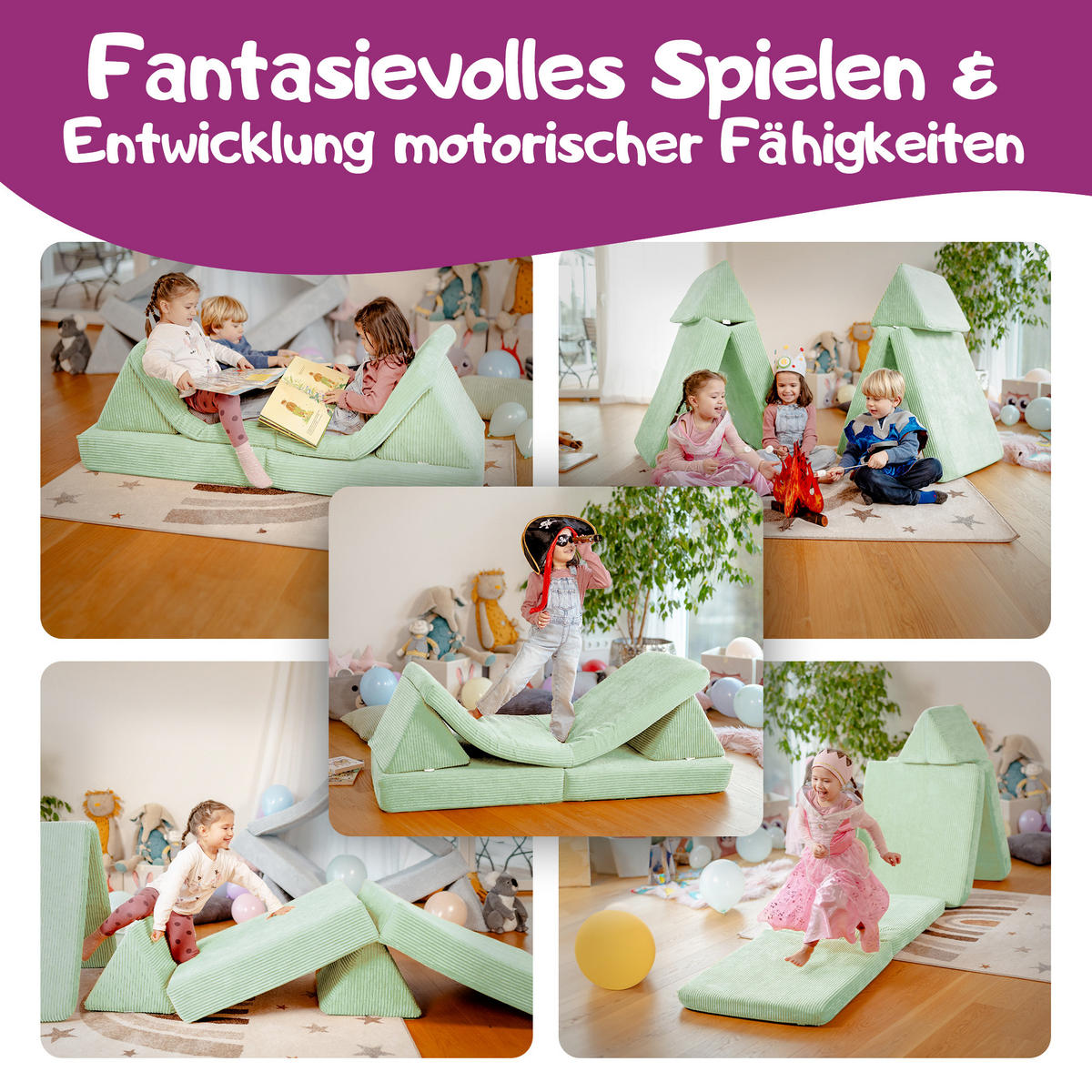 KINDERSOFA Spielparadies - Hellgrün, Textil (66/52/150cm) - Linodino