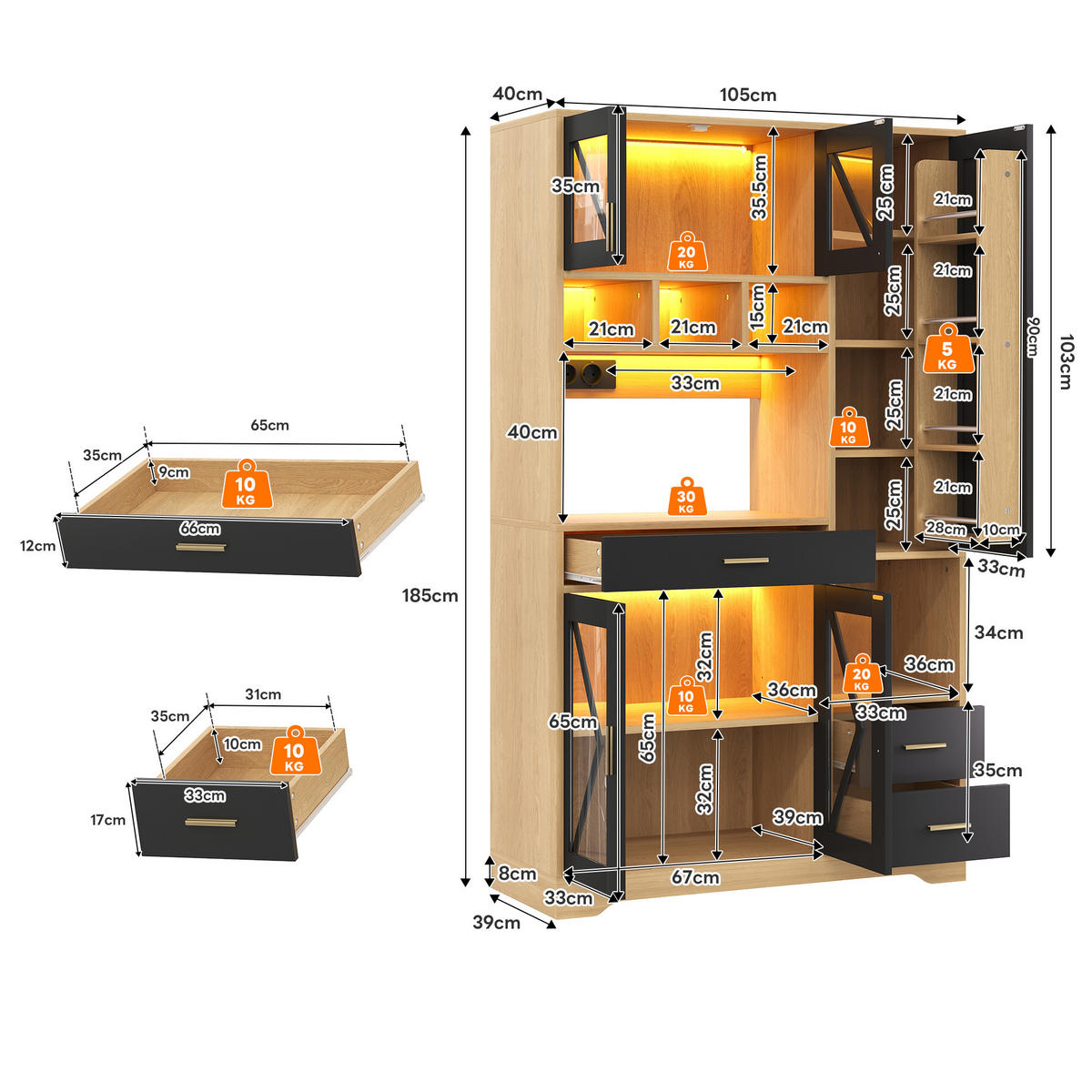 BUFFET 105/39/185 cm Schwarz mit farbwechselnder LED-Beleuchtung und 2 Schublade - Naturfarben, Holz (105/185/40cm) - Oxeza