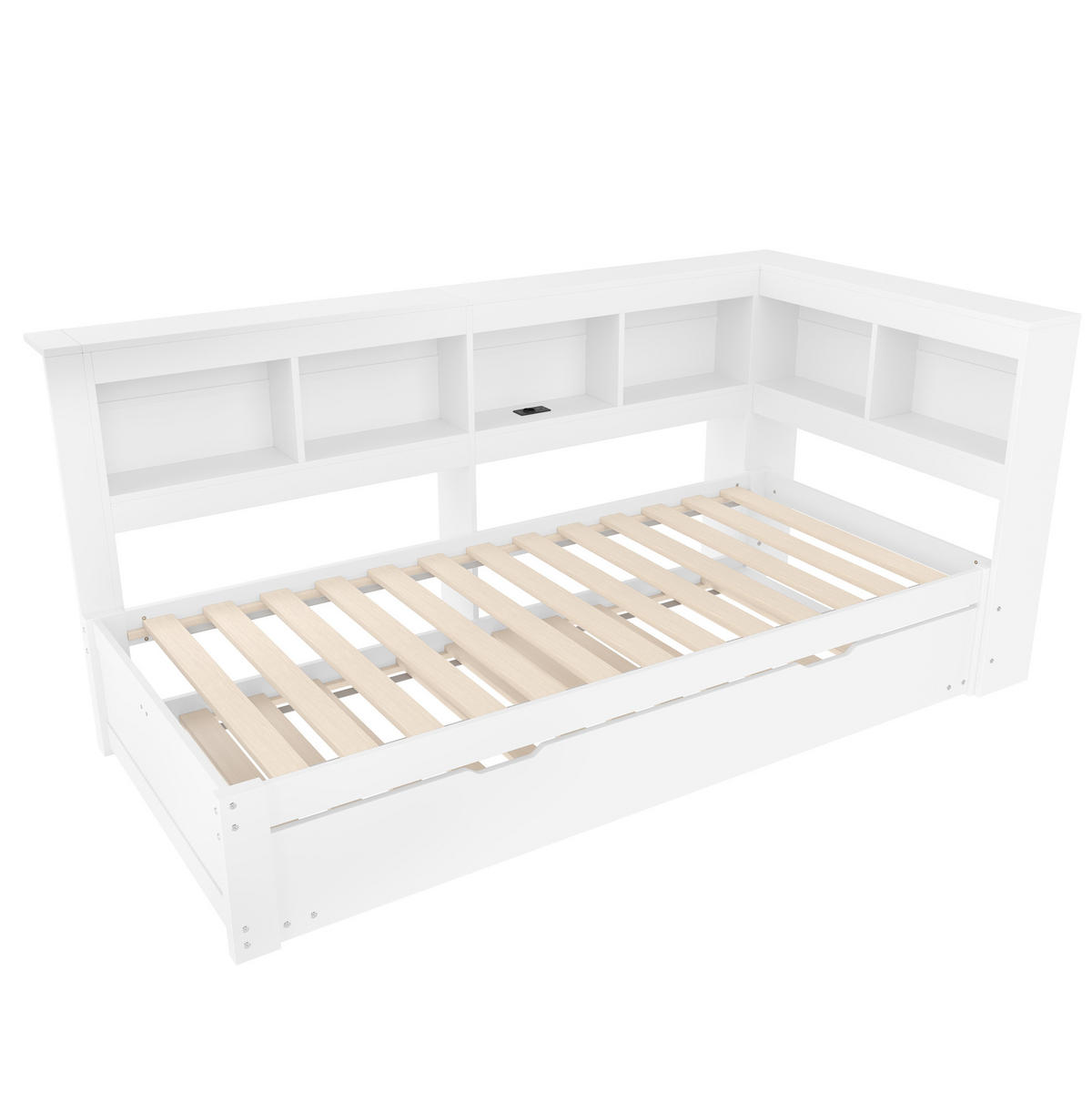 BETT 90/200 cm mit ausziehbarem Rollbett und USB, inkl. Lattenrost - Weiß, Holz (90/200cm) - BEAOK
