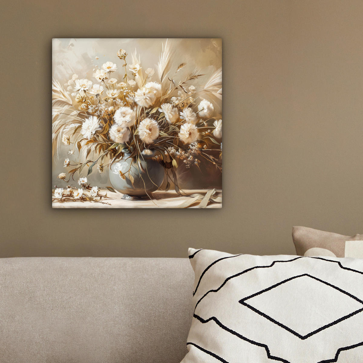 LEINWANDBILD Blumen - Vase - Stilleben - Beige 20x20 cm - Creme, Textil (20/20cm) - MuchoWow