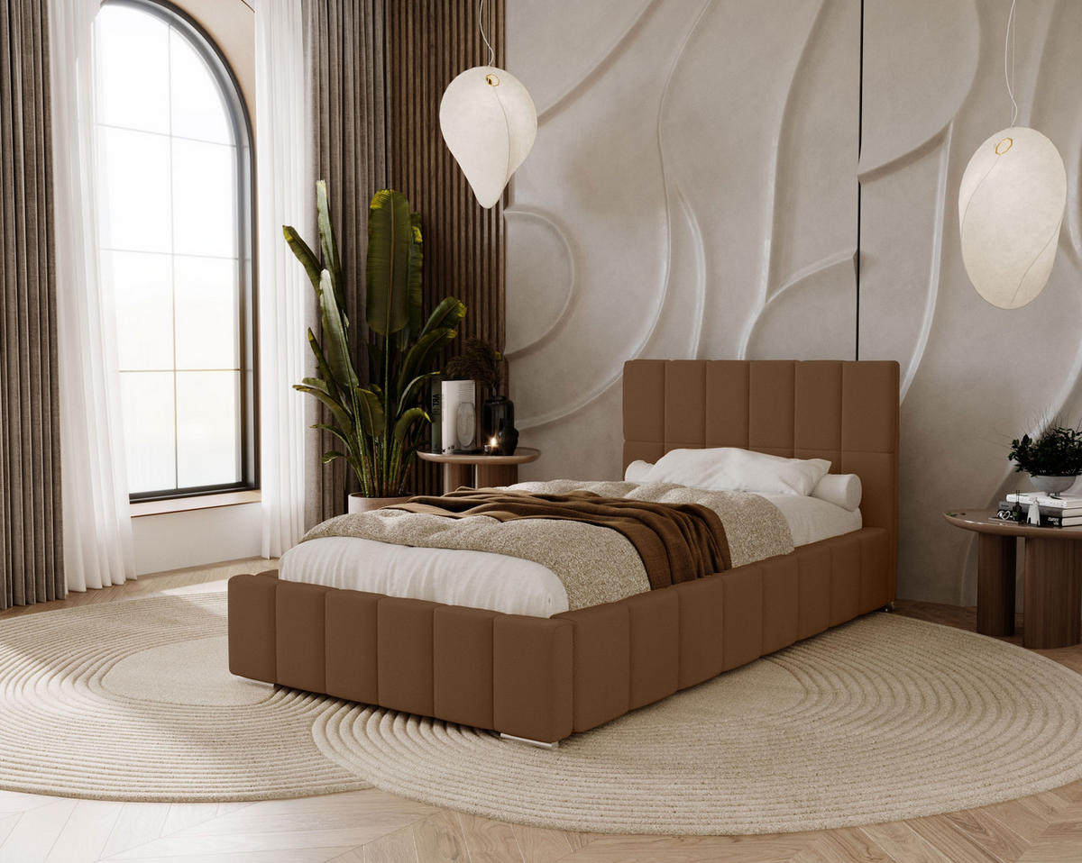 POLSTERBETT Alma 90x200 cm, Einzelbett mit Bettkasten und Lattenrost aus Holz, Velourstoff: Dunkelbraun - Dunkelbraun, Holz/Kunststoff (90/200cm) - Marpur