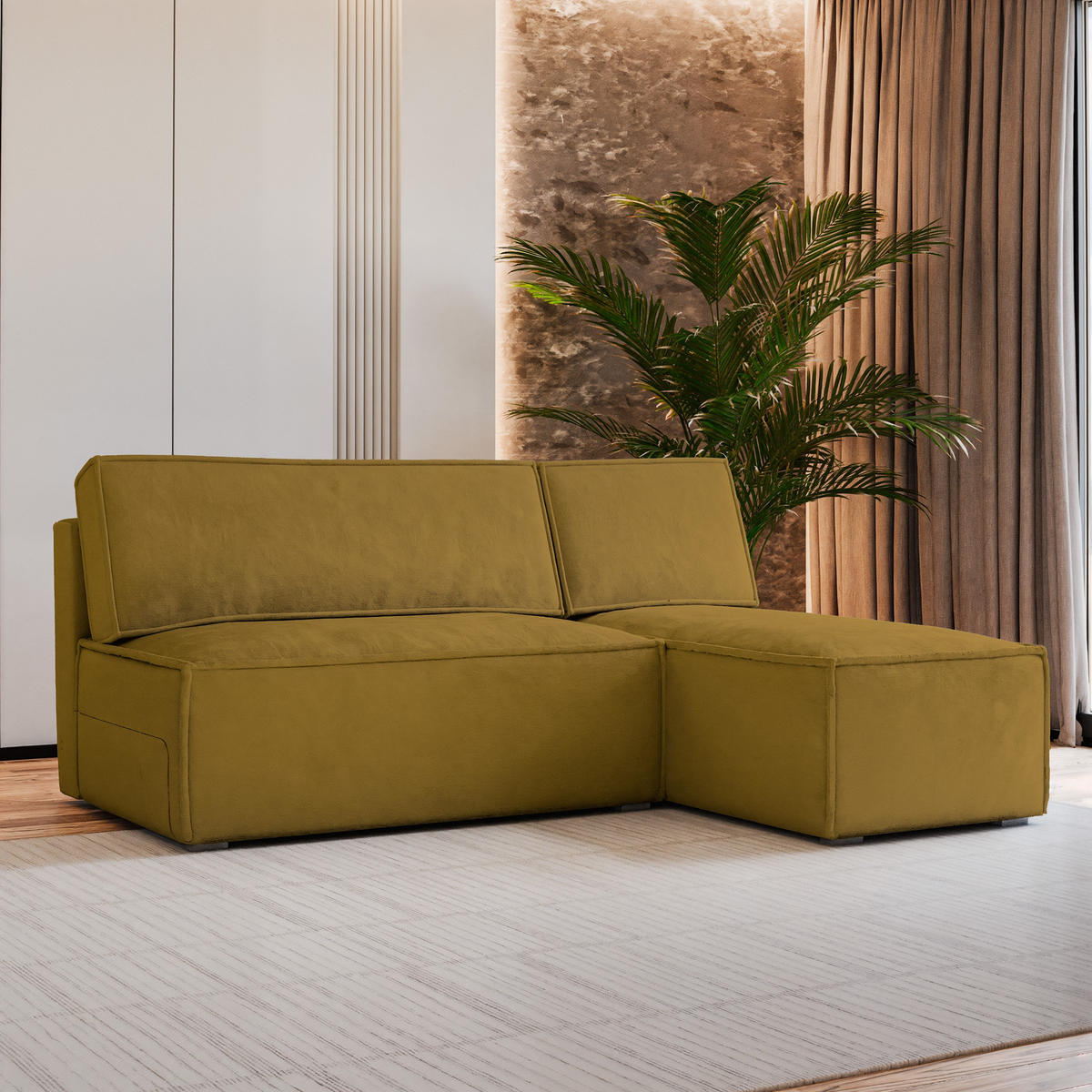 ECKSOFA BRISO M Gelb Velours-Stoff mit Schlaffunktion - Gelb, Holz (200/140cm) - MASSENO