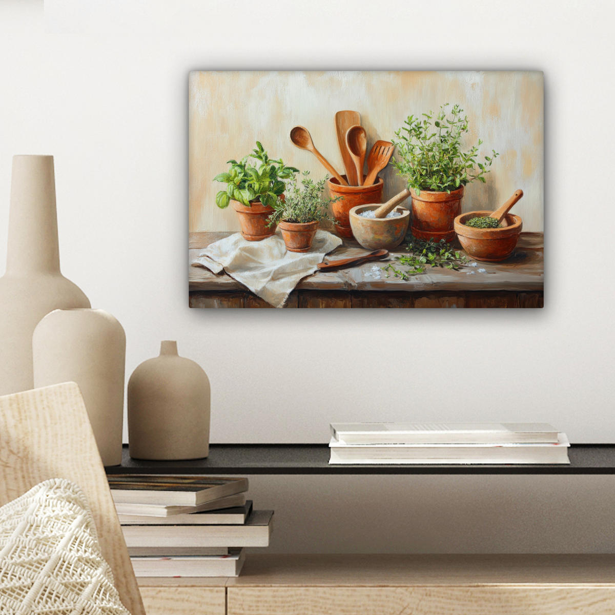 LEINWANDBILD Töpfe - Kräuter - Holz Deko Schlafzimmer 30x20 cm - Terracotta, Textil (30/20cm) - MuchoWow