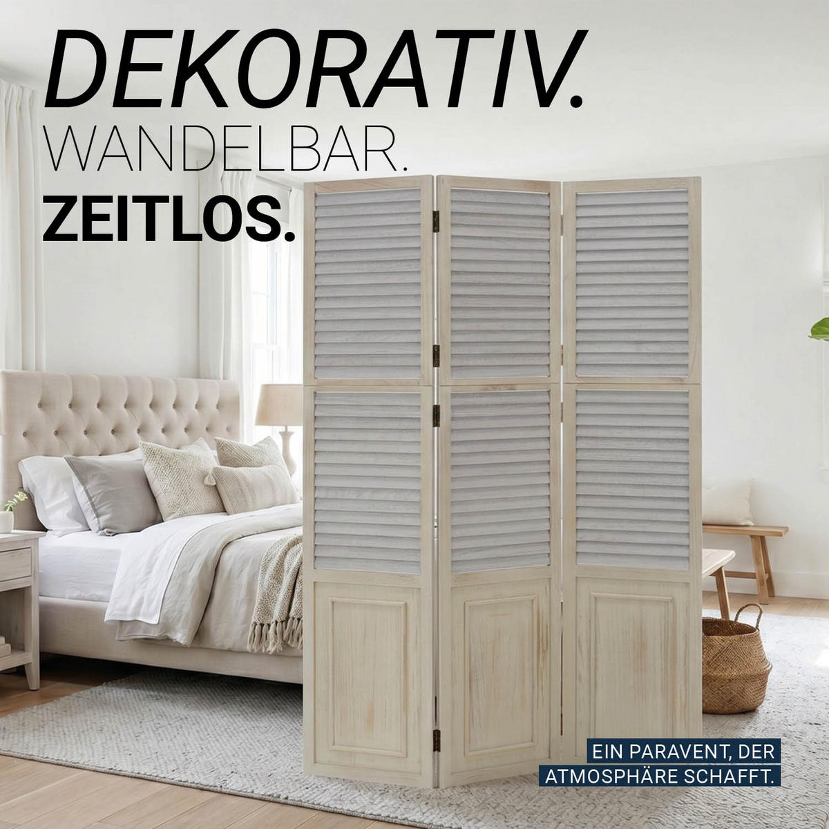 PARAVENT 3-tlg. 120/170 cm Weiß shabby washed - Weiß, Holz (120/170/2cm) - Homestyle4u