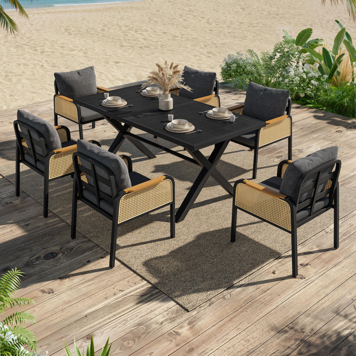 GARTENMÖBEL-SET Modernes 6-tlg. Schwarz - Schwarz, Metall - ComfortXL