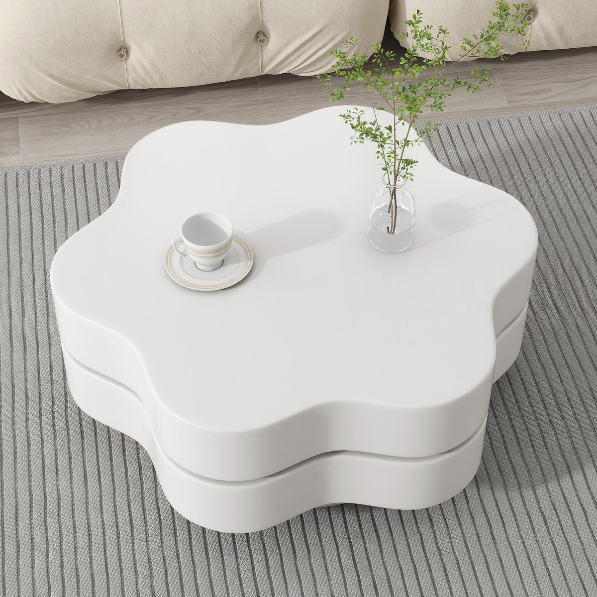 COUCHTISCH 74,8/67,5/31 cm mit 360° drehbarer Platte, Doppelkörper-Design und 2 Ablagen aus MDF, Cremeweiß - Weiß, Holzwerkstoff (74.8/67.5/31cm) - Redom