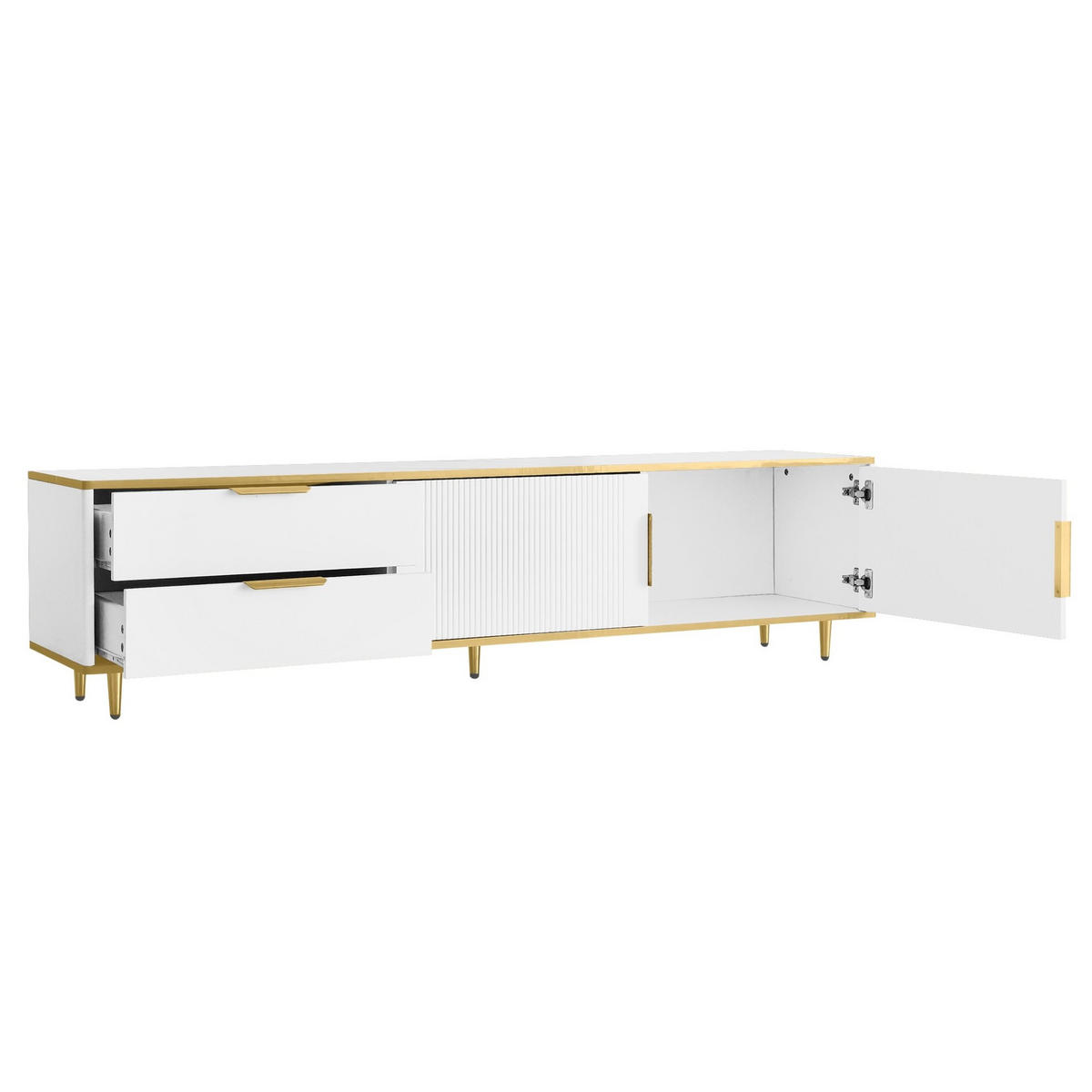 TV-LOWBOARD aus MDF und Holzwerkstoff 170x37x45 cm Weiß/Gold mit 2 Schubladen und geschnitzten Fronten - Weiß, Holzwerkstoff (175/45/40cm) - Modfu