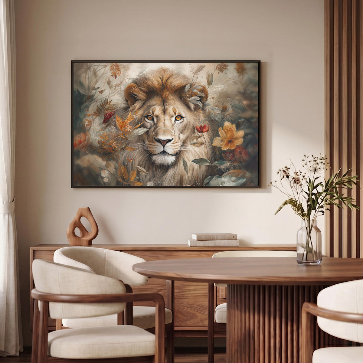 LEINWAND Bilder mit Rahmen - Löwe - Wildtiere - Pflanzen - Natur - Blumen - 90x60 - Beige, Textil (90/60cm) - MuchoWow