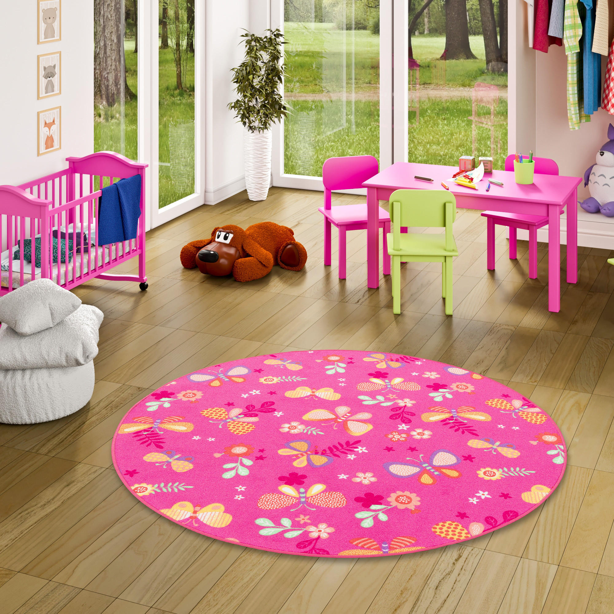 KINDER SPIEL TEPPICH SCHMETTERLING RUND - Pink, Textil (100/100cm) - Snapstyle